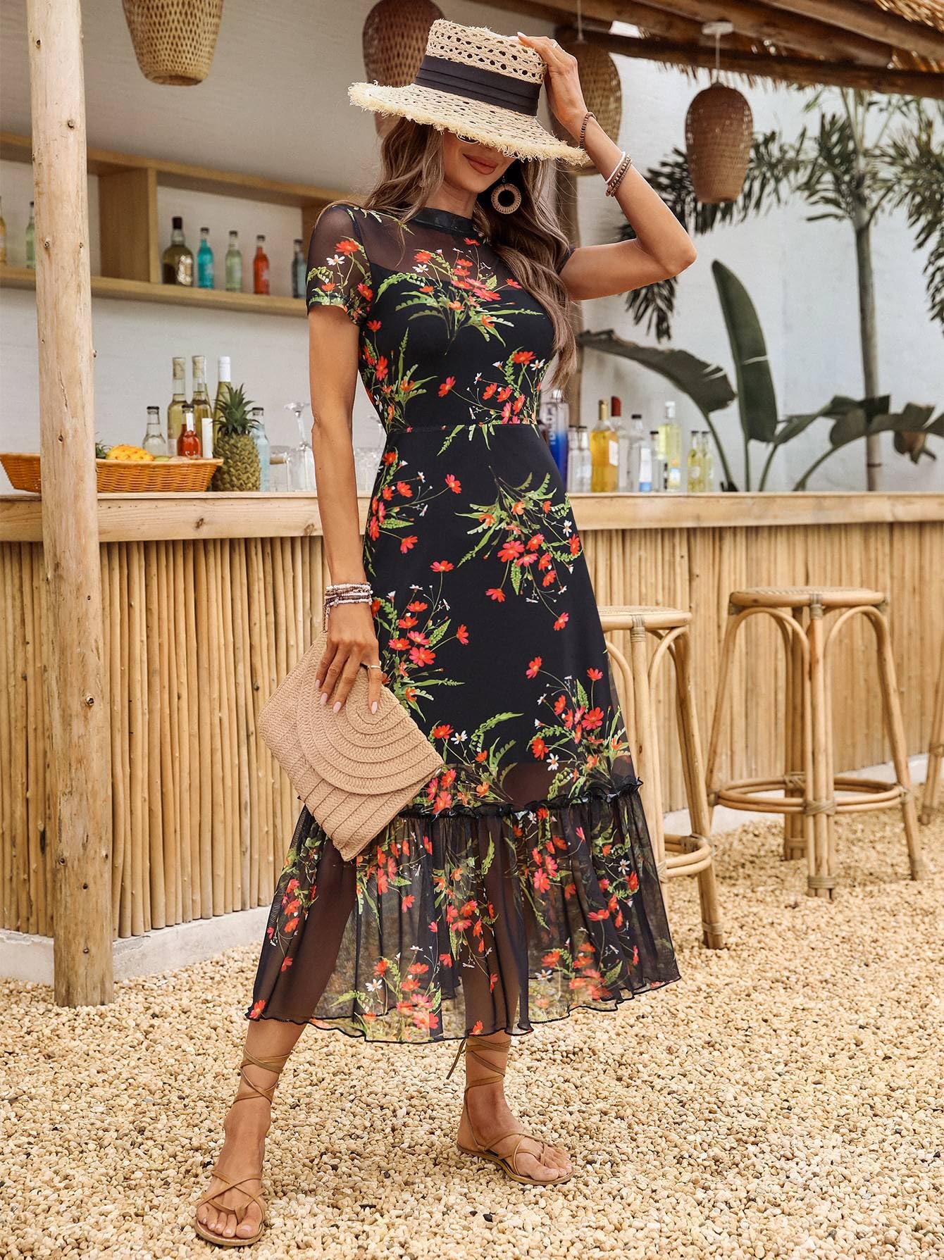 GothDark Women's Summer Floral Mesh Ruffle Dress Short Sleeve Round Neck Waist Cinched Casual Maxi Wedding Guest Dresses