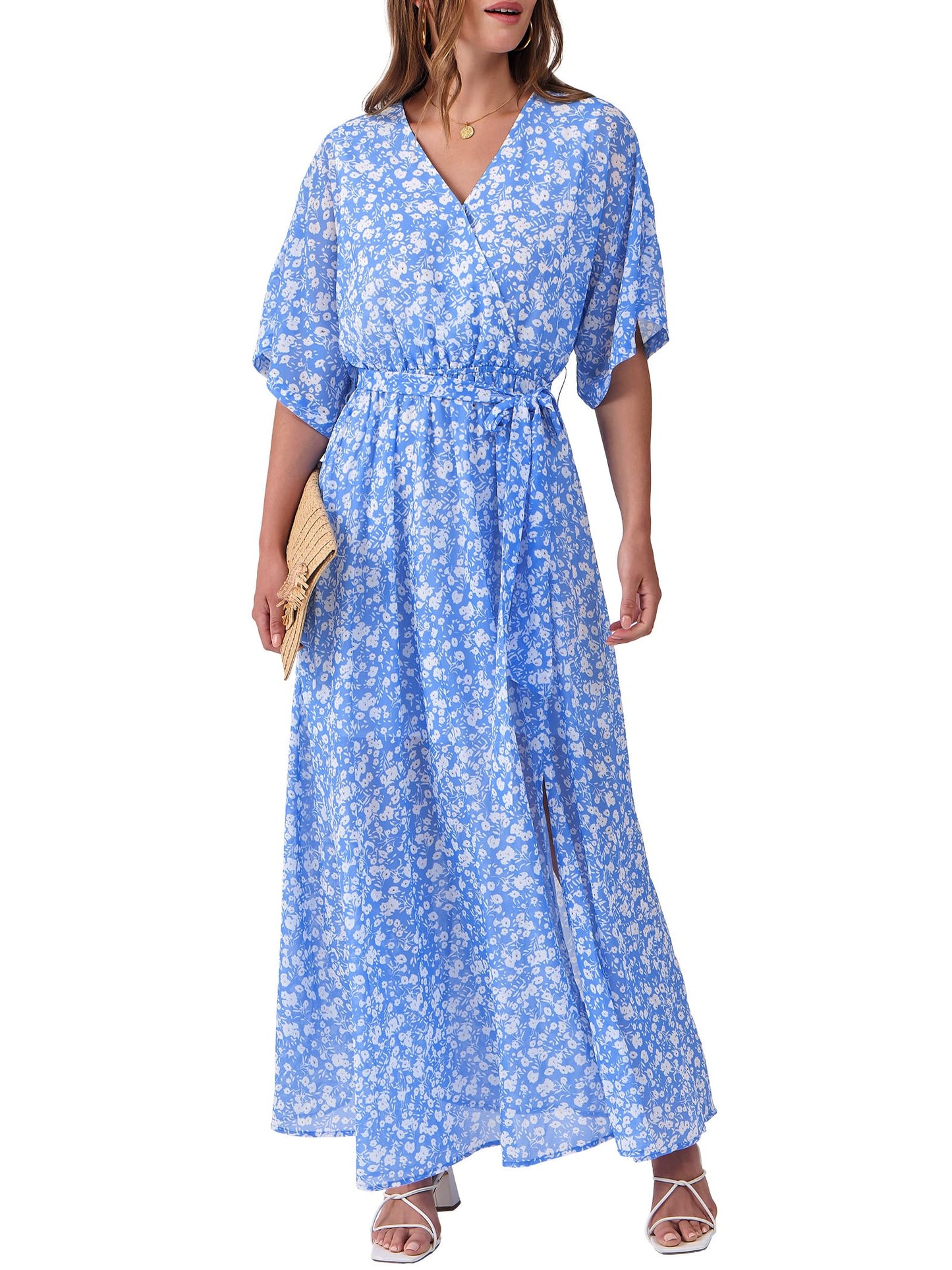 ANRABESS Womens 1/2 Sleeve Beach Wedding Guest Maxi Dresses 2026 Summer Wrap V Neck Boho Floral Flowy Slit Long Dresses