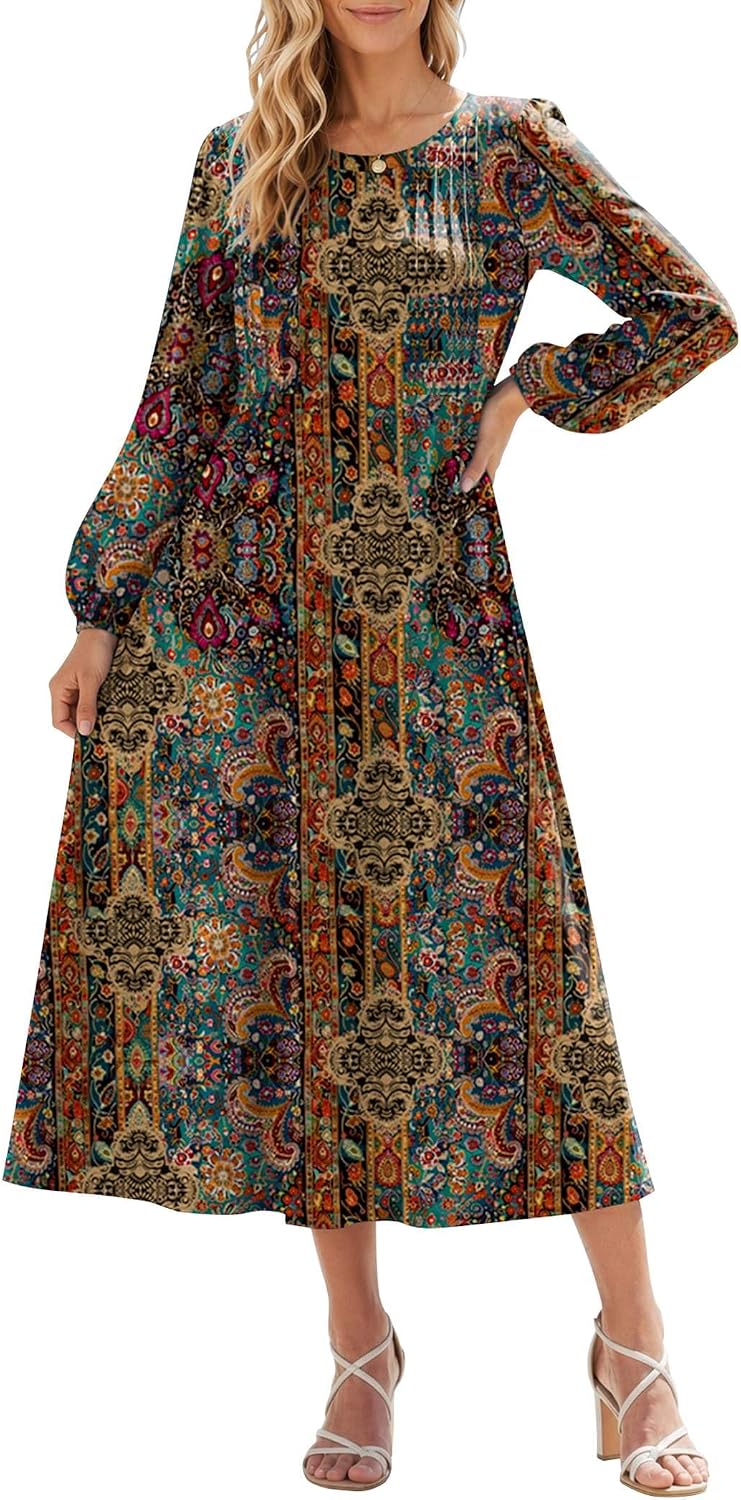 Zeagoo Fall Dresses for Women Long Sleeve Midi Dress Casual A Line Dresses 2026 Pleated Flare Dress with Pockets