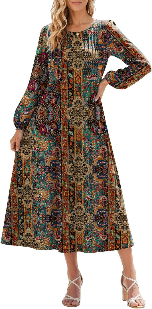 Zeagoo Fall Dresses for Women Long Sleeve Midi Dress Casual A Line Dresses 2026 Pleated Flare Dress with Pockets