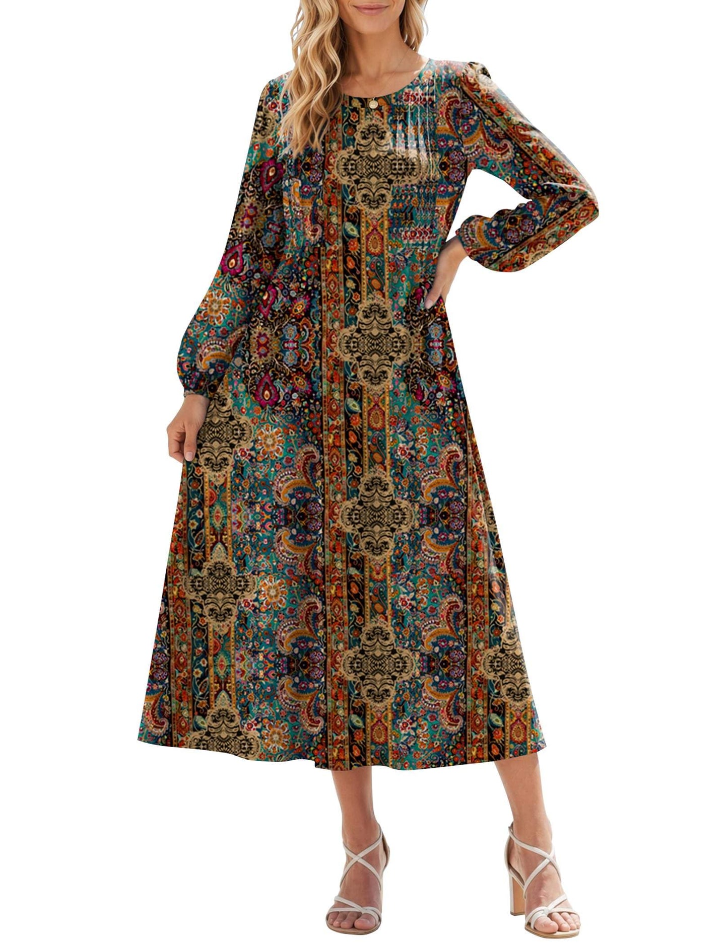 Zeagoo Fall Dresses for Women Long Sleeve Midi Dress Casual A Line Dresses 2026 Pleated Flare Dress with Pockets