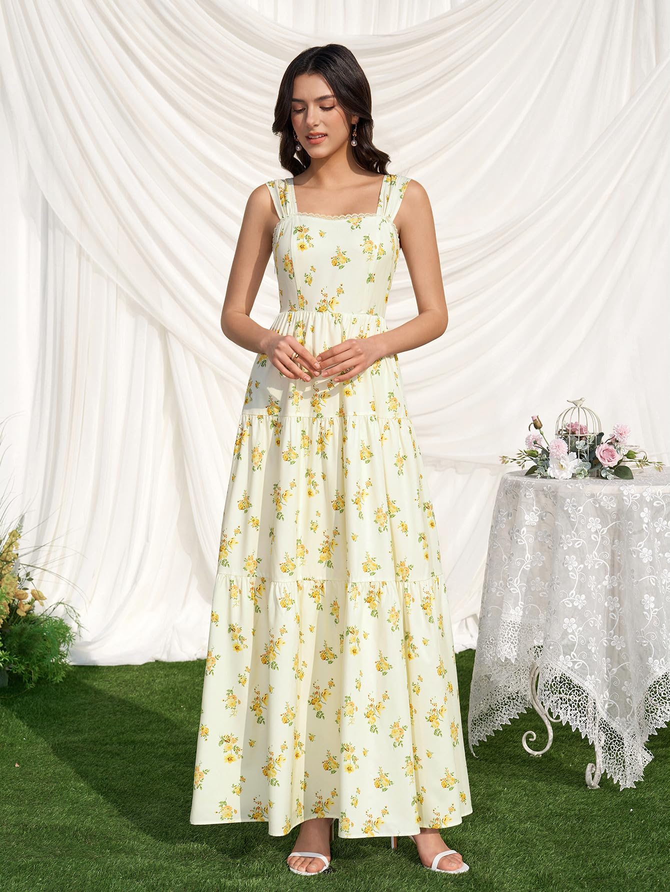 KUTUMAI Floral Maxi Long Dress Lace Up Square Neck Flowy Summer Wedding Guest Dresses for Women 2026