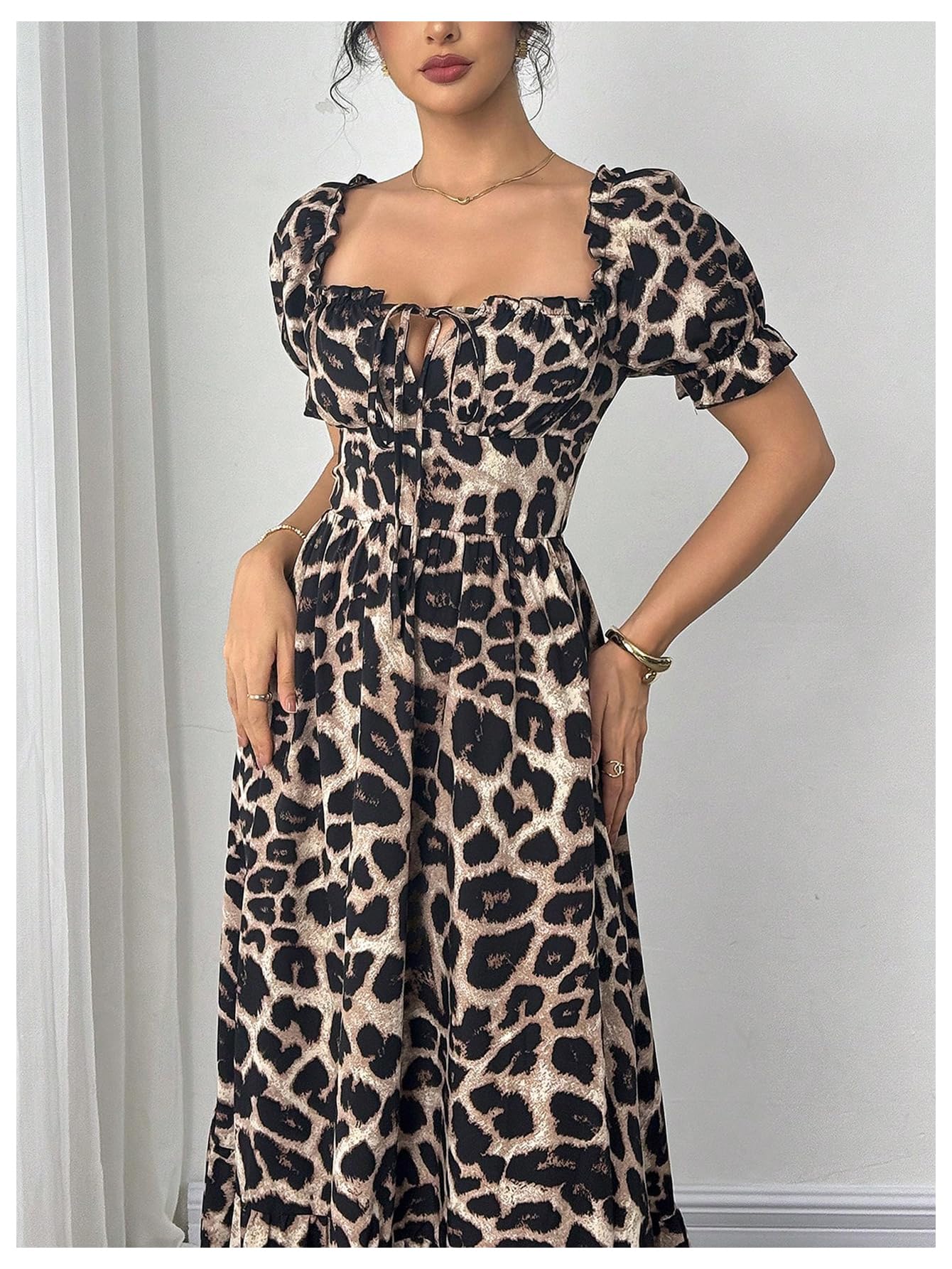 Floerns Women's Floral Short Puff Sleeve Milkmaid Dress Boho A Line Long Dresses
