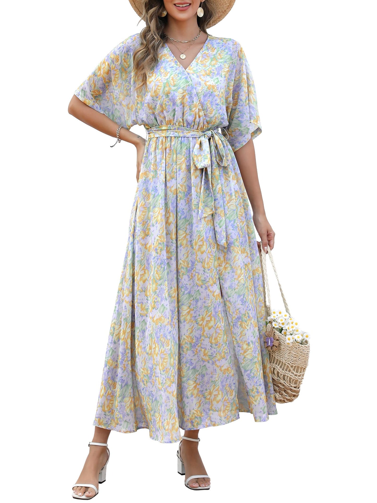 ANRABESS Womens 1/2 Sleeve Beach Wedding Guest Maxi Dresses 2026 Summer Wrap V Neck Boho Floral Flowy Slit Long Dresses