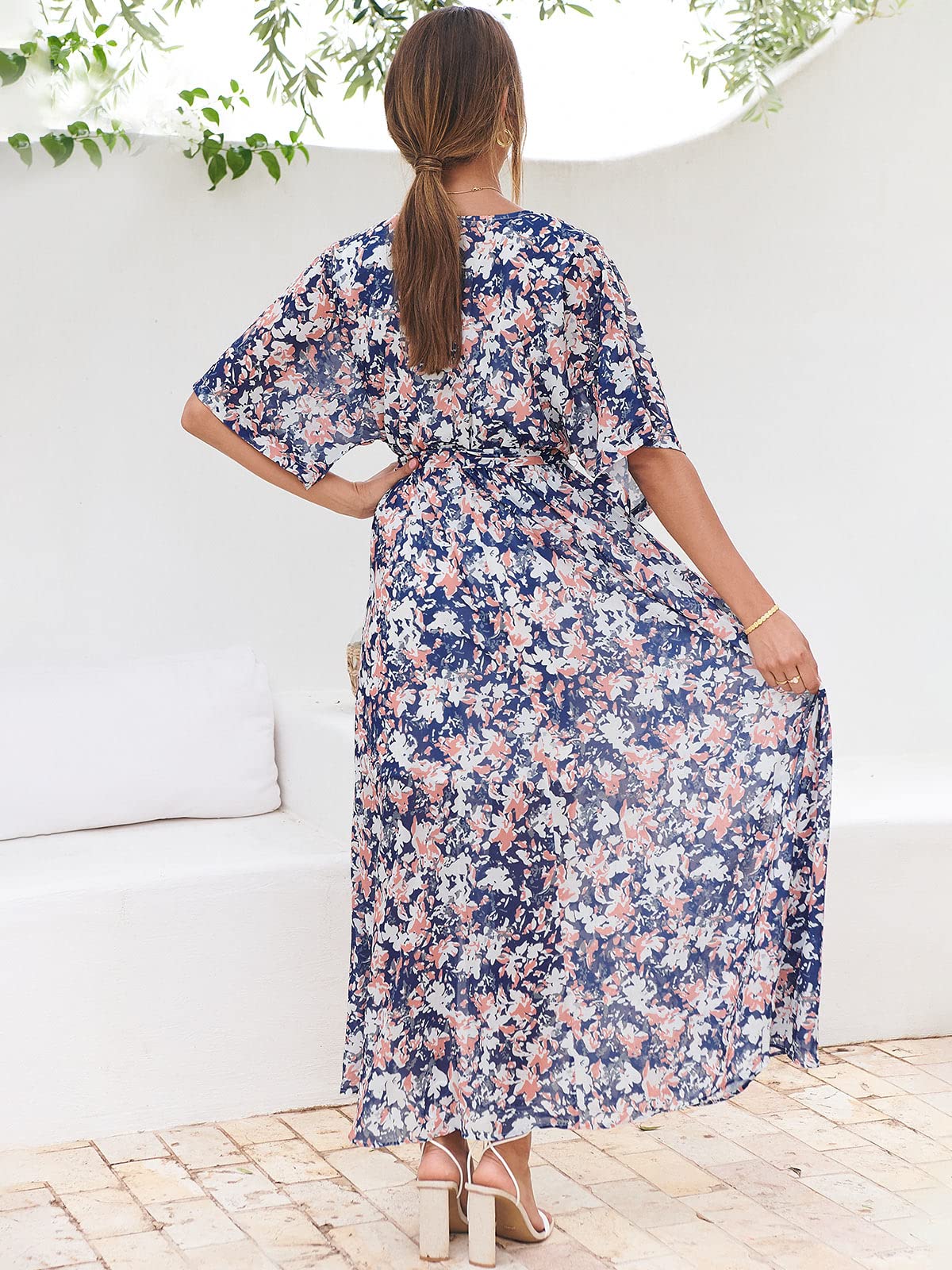 ANRABESS Womens 1/2 Sleeve Beach Wedding Guest Maxi Dresses 2026 Summer Wrap V Neck Boho Floral Flowy Slit Long Dresses