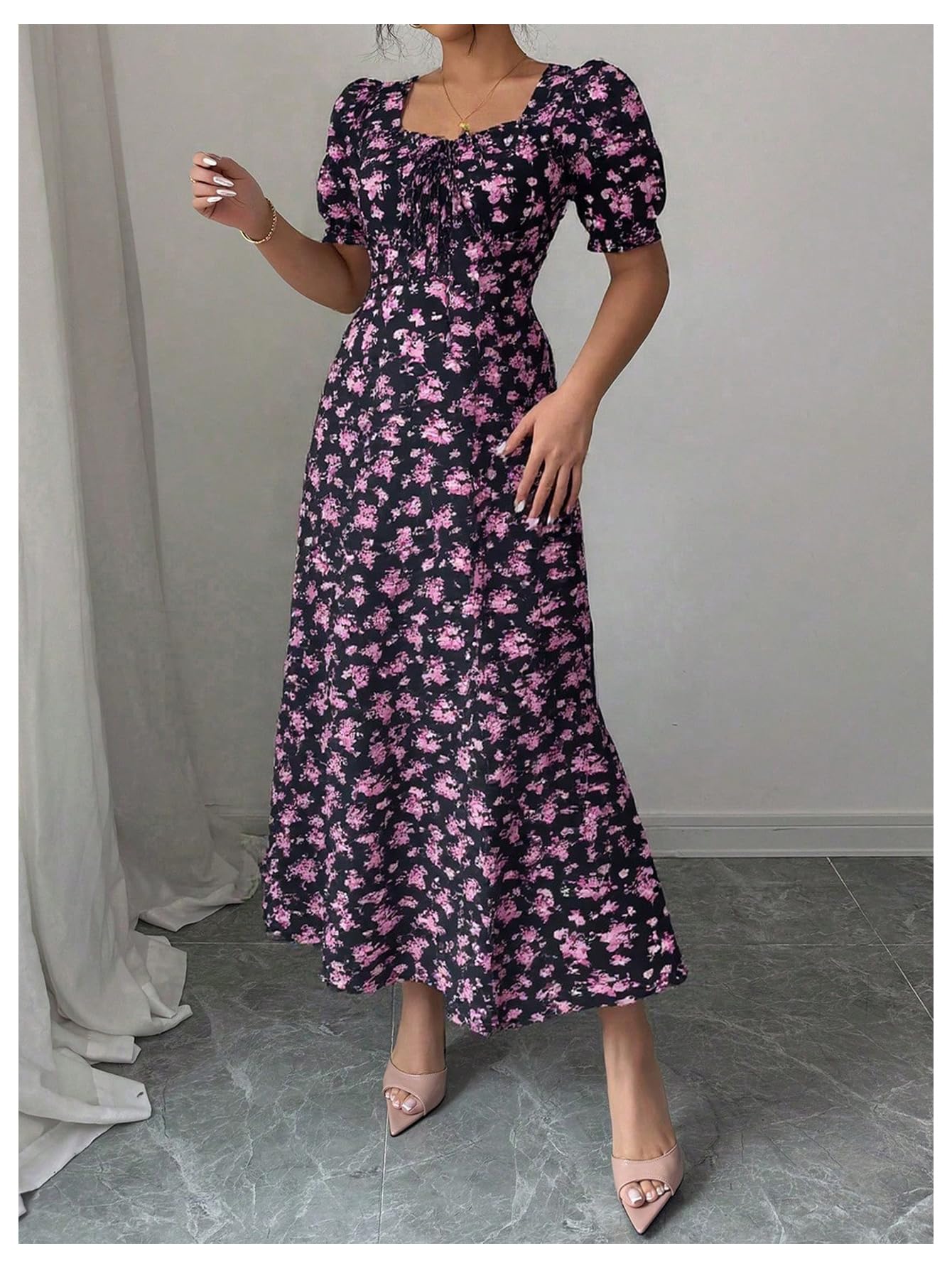 Floerns Women's Floral Short Puff Sleeve Milkmaid Dress Boho A Line Long Dresses