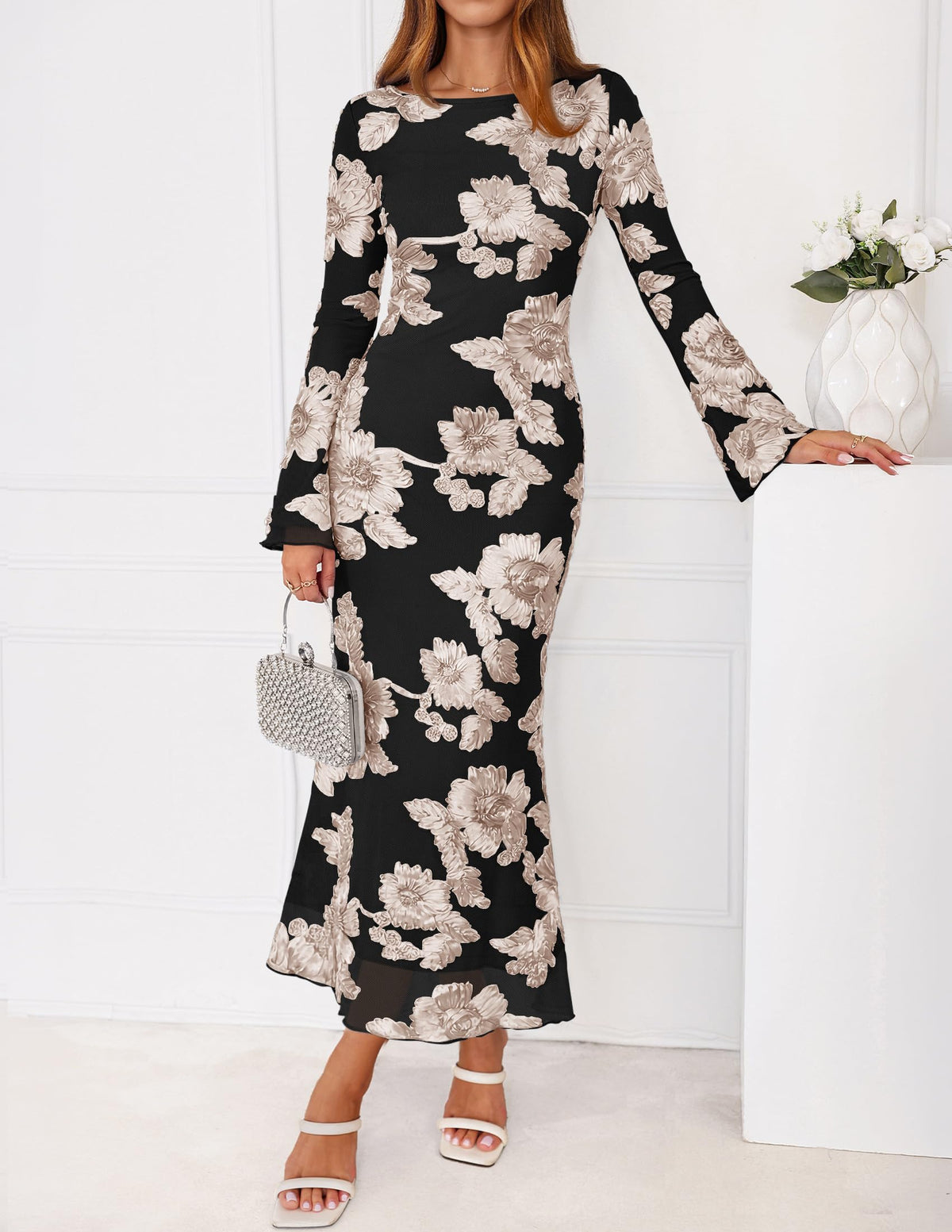 ZESICA Women Fall Long Sleeve Wedding Guest Cocktail Midi Dress
