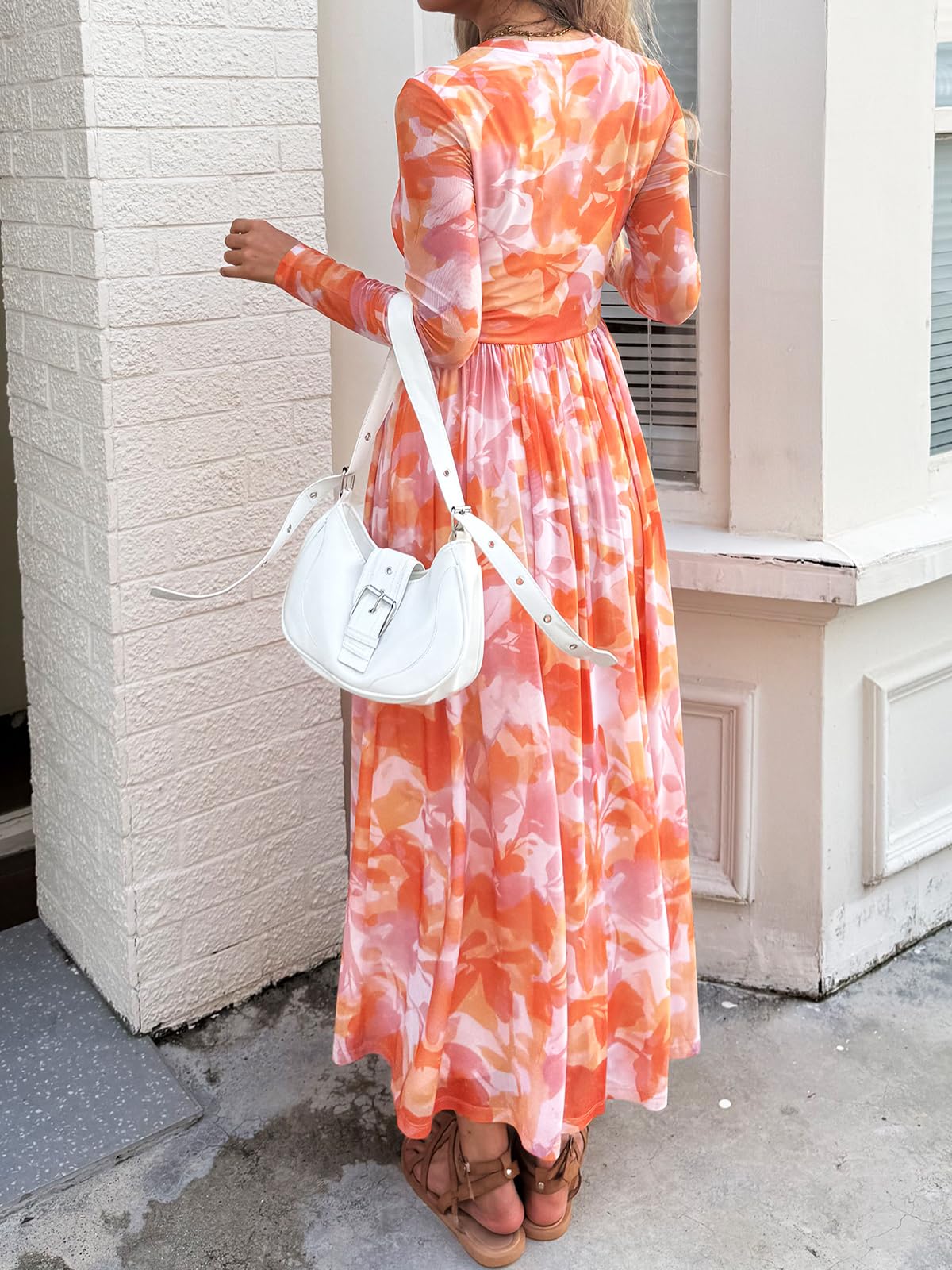 Women's Maxi Dress 2026 Spring Long Sleeve Crewneck Mesh Floral Dress Drop Waist Party Wedding Guest Dresses
