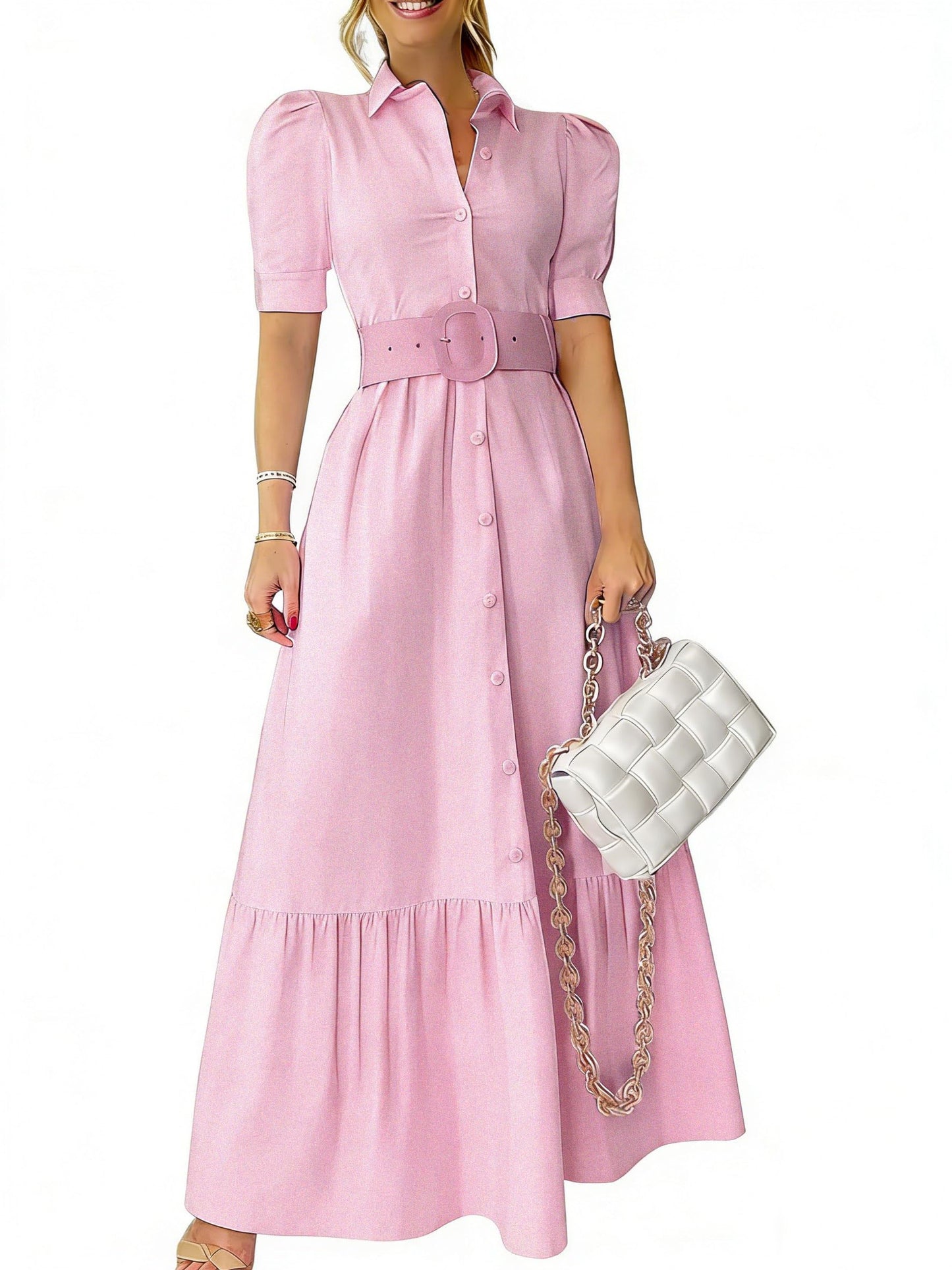 utcoco Womens Striped Button Down Shirt Dress Casual Puff Short Sleeve Ruffle Hem Maxi Dresses with Belt