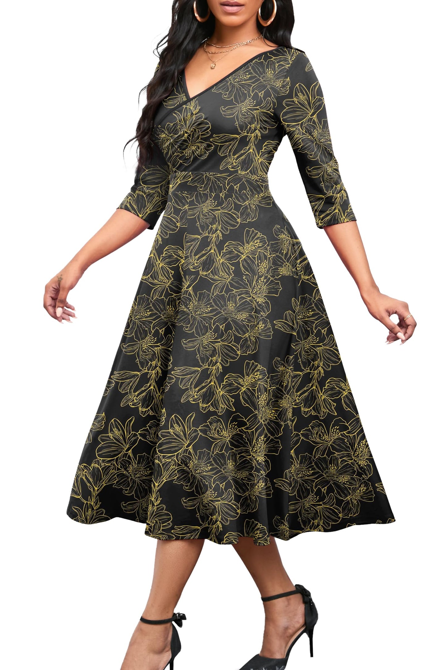 Nmoder Women's Casual Wrap Flared Midi Dress Wedding Guest Cocktail Tea Dresses A-Line Swing V-Neck 3/4 Sleeve