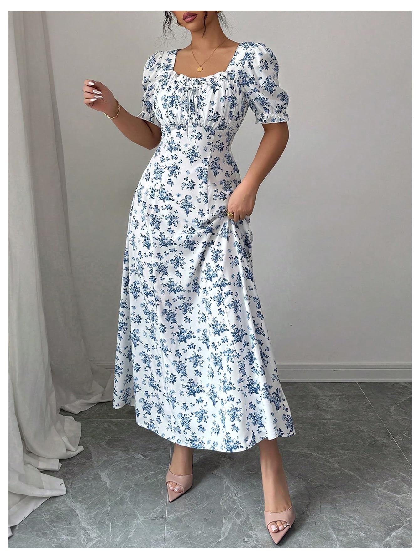 Floerns Women's Floral Short Puff Sleeve Milkmaid Dress Boho A Line Long Dresses