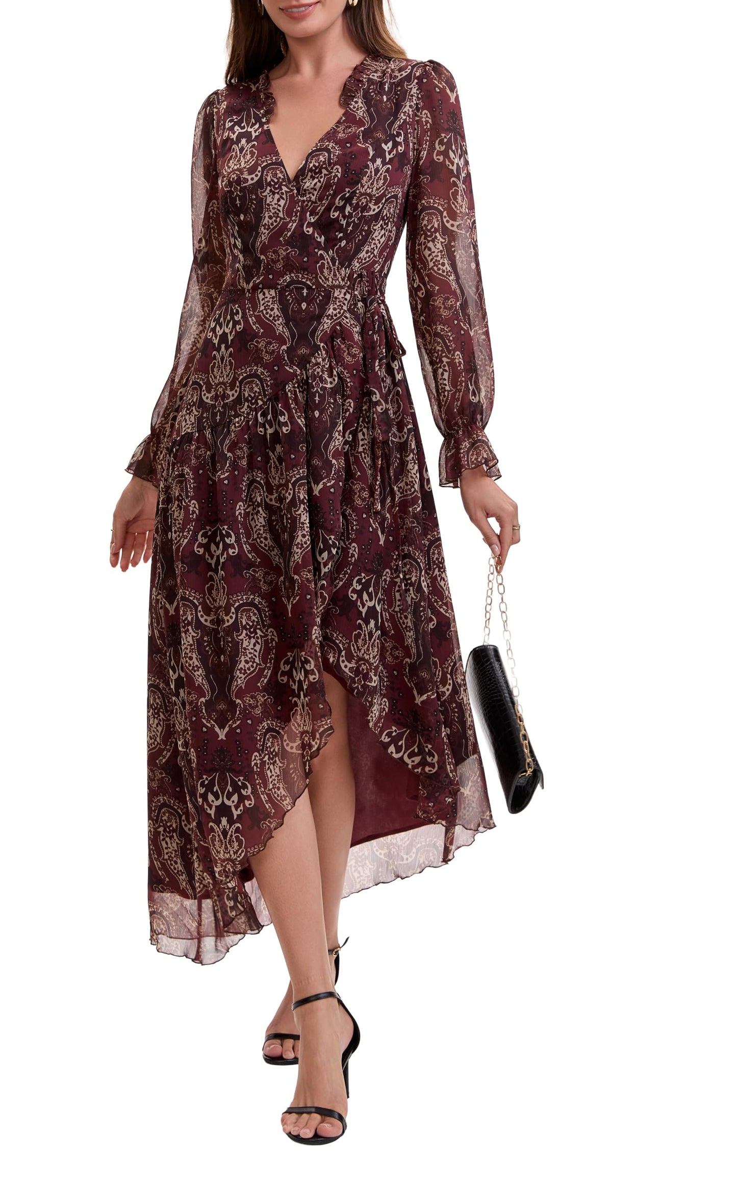 Women's Bohemian Floral Print Tie-Waist Wrap Midi Dress - Long Sleeve V-Neck Asymmetrical Hem Flowy Chiffon Dress