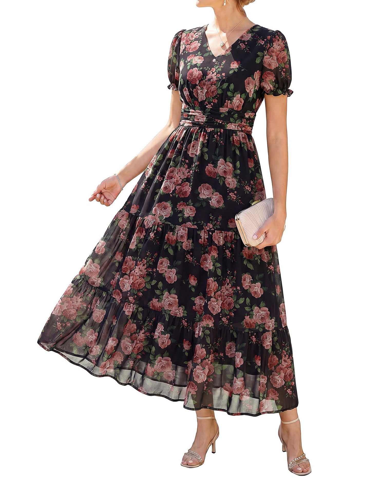 GRACE KARIN Women's 2026 Summer Wedding Guest Maxi Dresses Floral V Neck Short Sleeve Elegant Flowy Formal Dress with Pockets