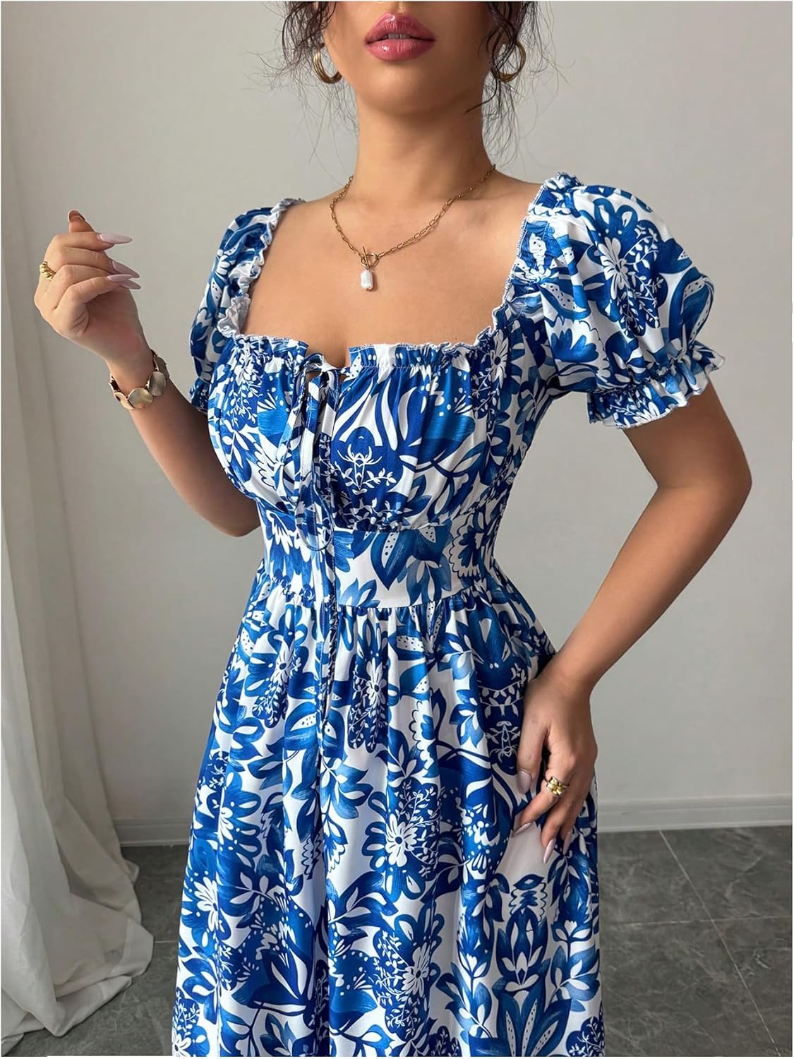 Floerns Women's Floral Short Puff Sleeve Milkmaid Dress Boho A Line Long Dresses