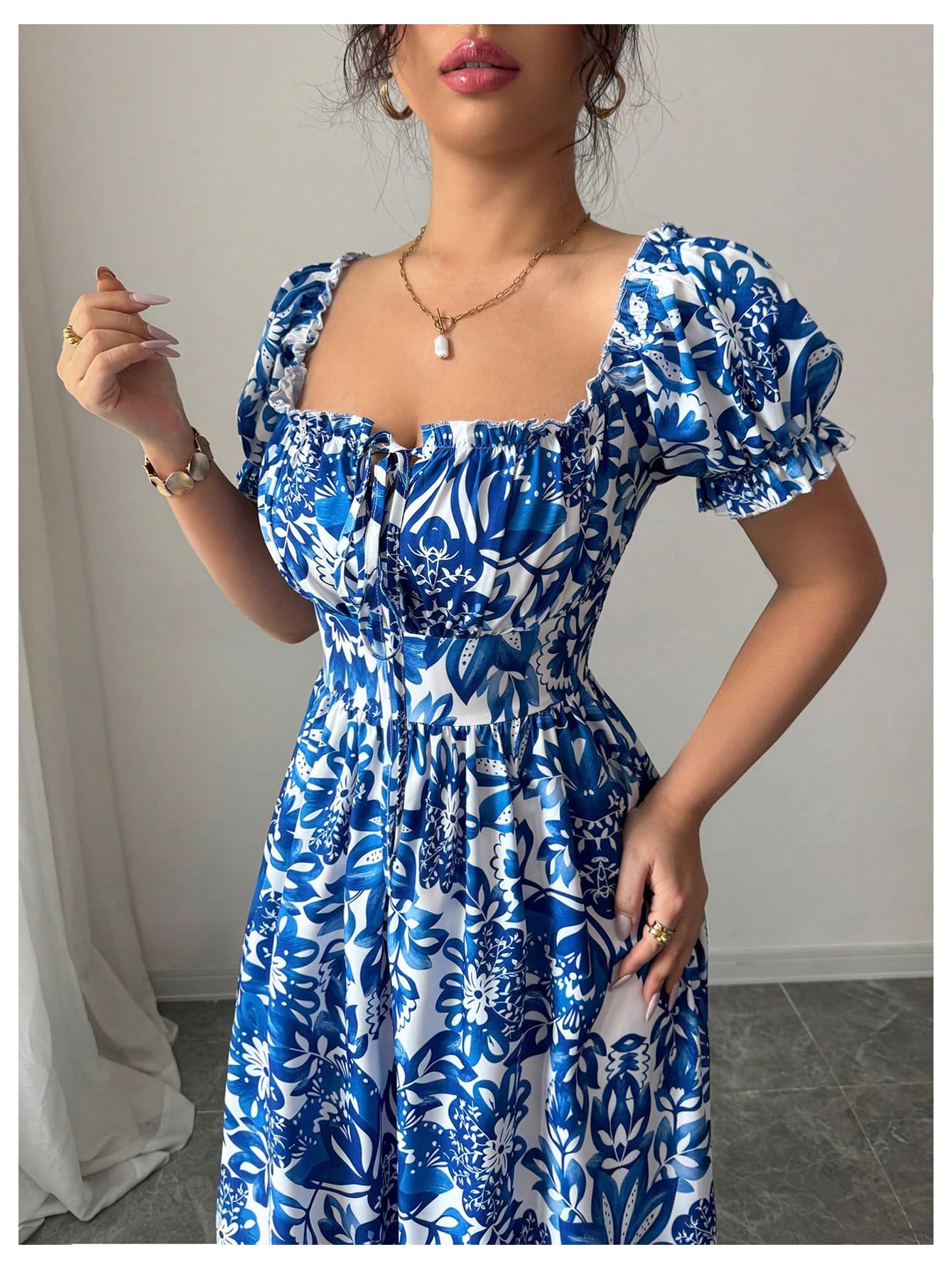 Floerns Women's Floral Short Puff Sleeve Milkmaid Dress Boho A Line Long Dresses