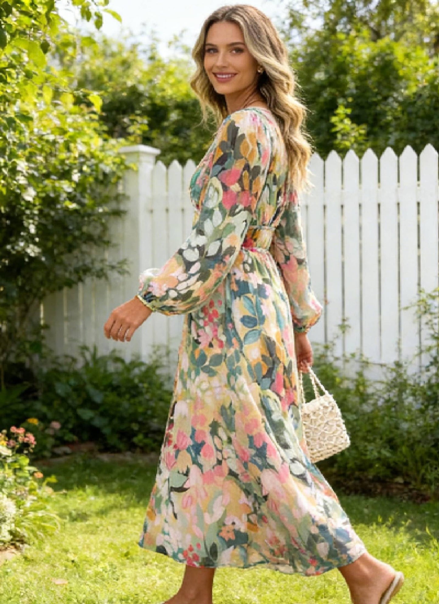 LOZ Womens Long Sleeve Dresses 2026 Summer V-Neck Multicolor Floral Dresses | V-Neck, Puff Sleeve, Chiffon Dresses, Long Dresses, Elegant Wedding Guest, Maxi Dress, Cocktail Dress, Spring Maxi Dress