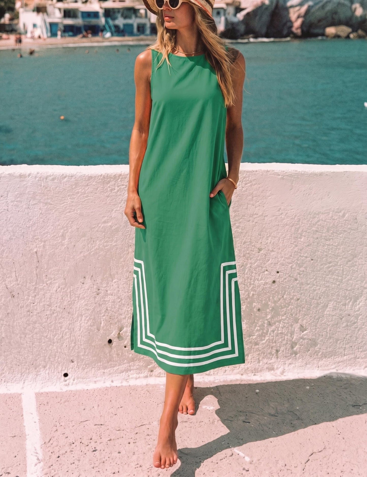 Womens Boho Linen Maxi Dress Sleeveless Split Sundress Color Block A-Line Coverups Beach Vacation Dress with Pockets
