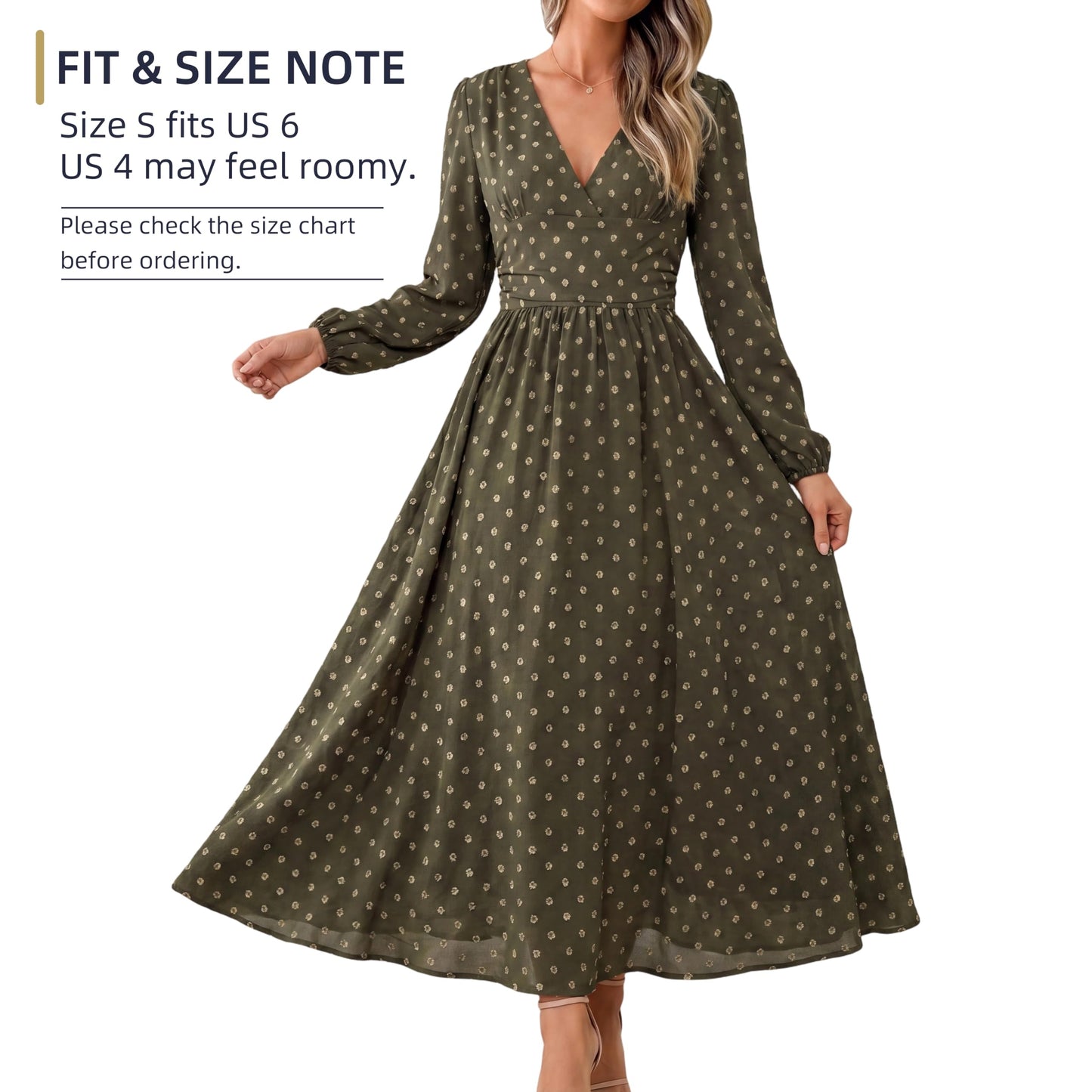 Women's Swiss Dot Long Sleeve V Neck Midi Dress, Faux Wrap A-Line Wedding Guest Dress, Fully Lined Smocked Back