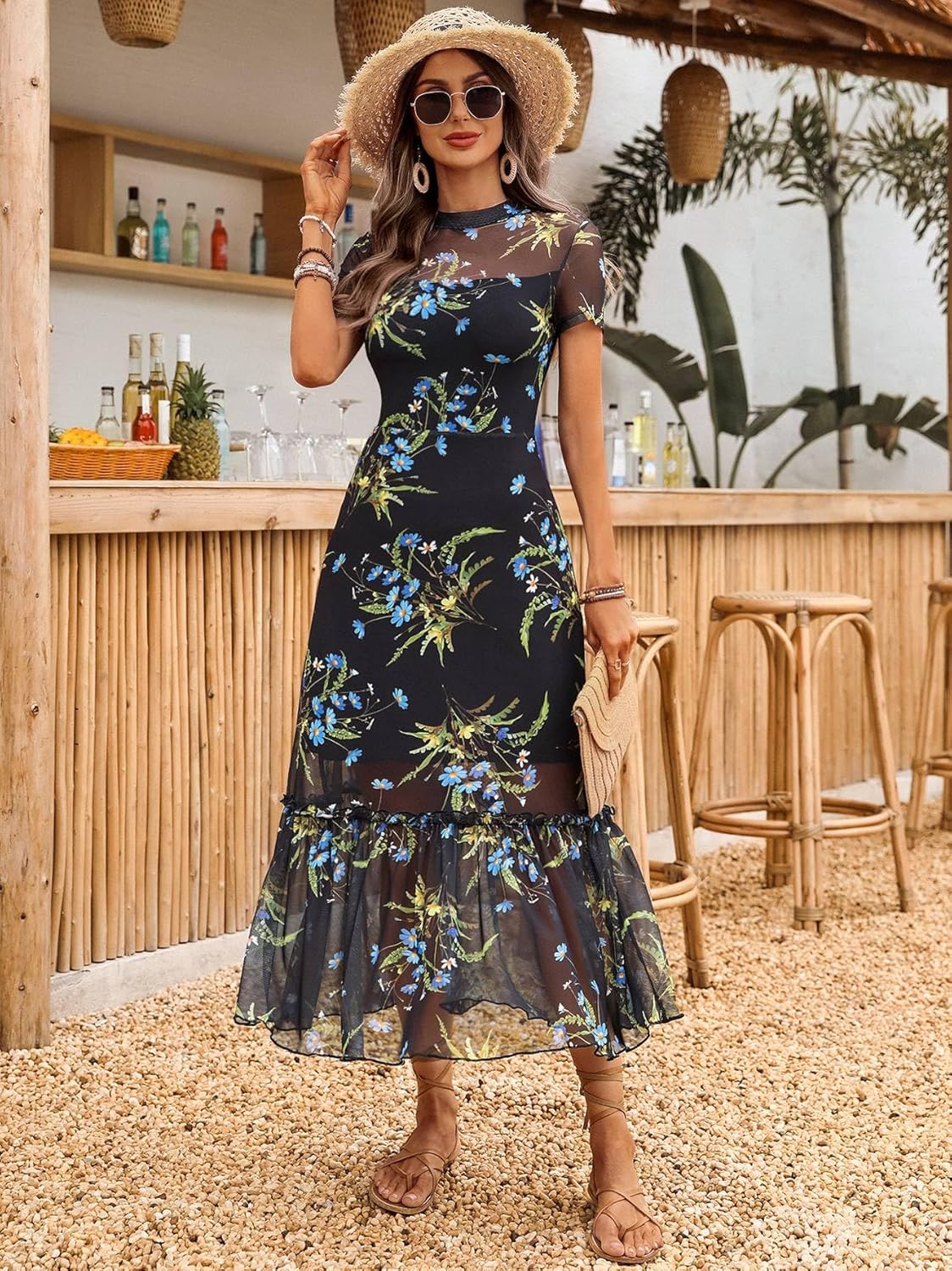 GothDark Women's Summer Floral Mesh Ruffle Dress Short Sleeve Round Neck Waist Cinched Casual Maxi Wedding Guest Dresses