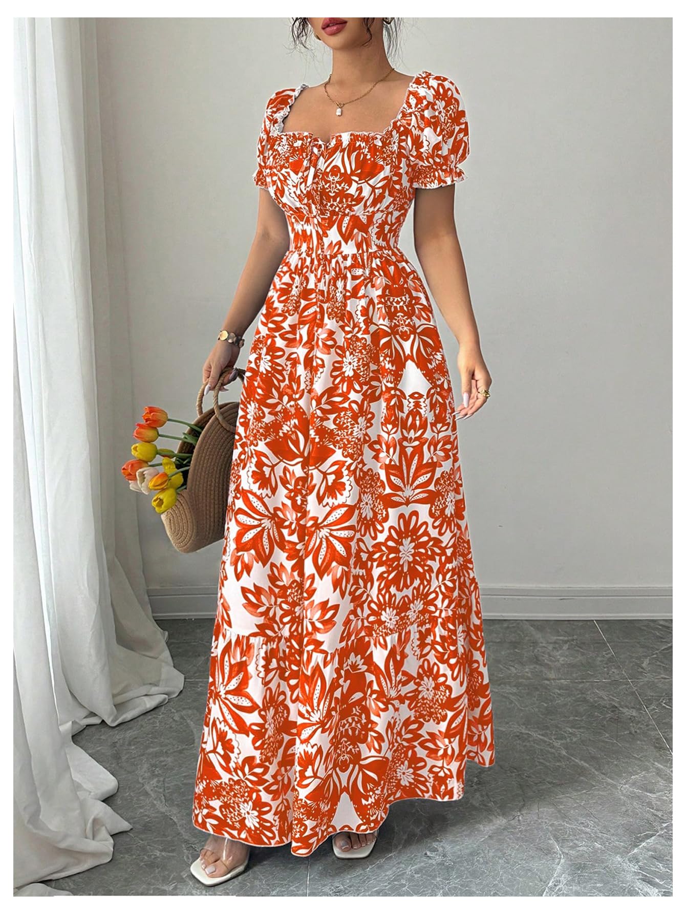 Floerns Women's Floral Short Puff Sleeve Milkmaid Dress Boho A Line Long Dresses