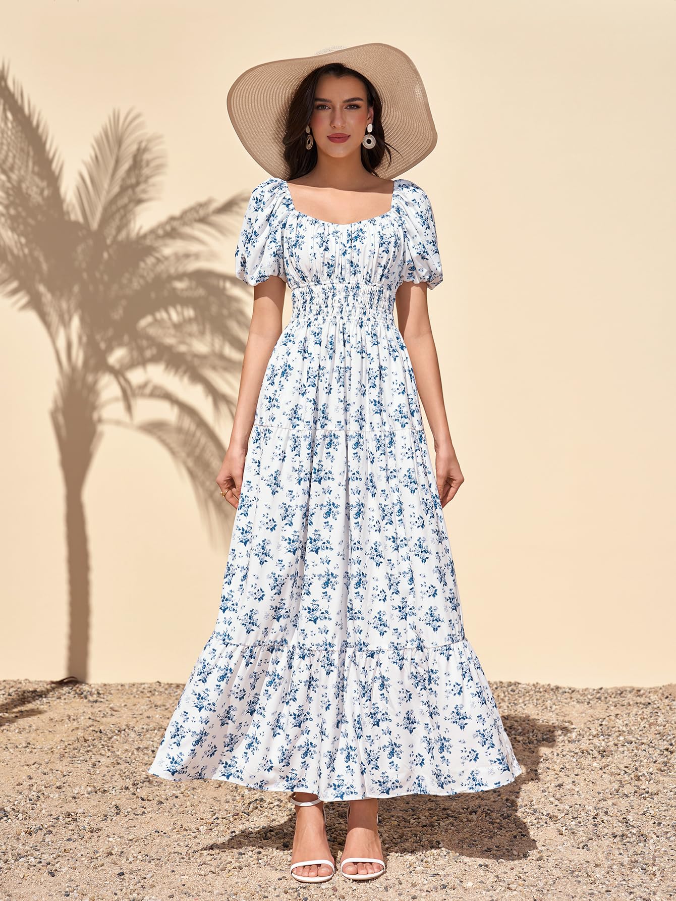 Women Puff Sleeve Wedding Guest Maxi Dress Floral Flowy A Line Tiered Beach Long Dresses