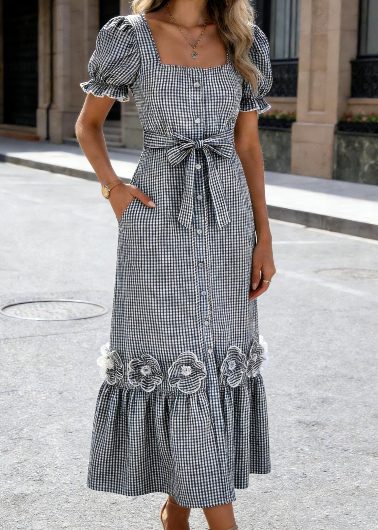 utcoco Dresses for Women Puff Short Sleeve Button Down 3D Flower Ruffle Plaid Maxi Shirt Dress