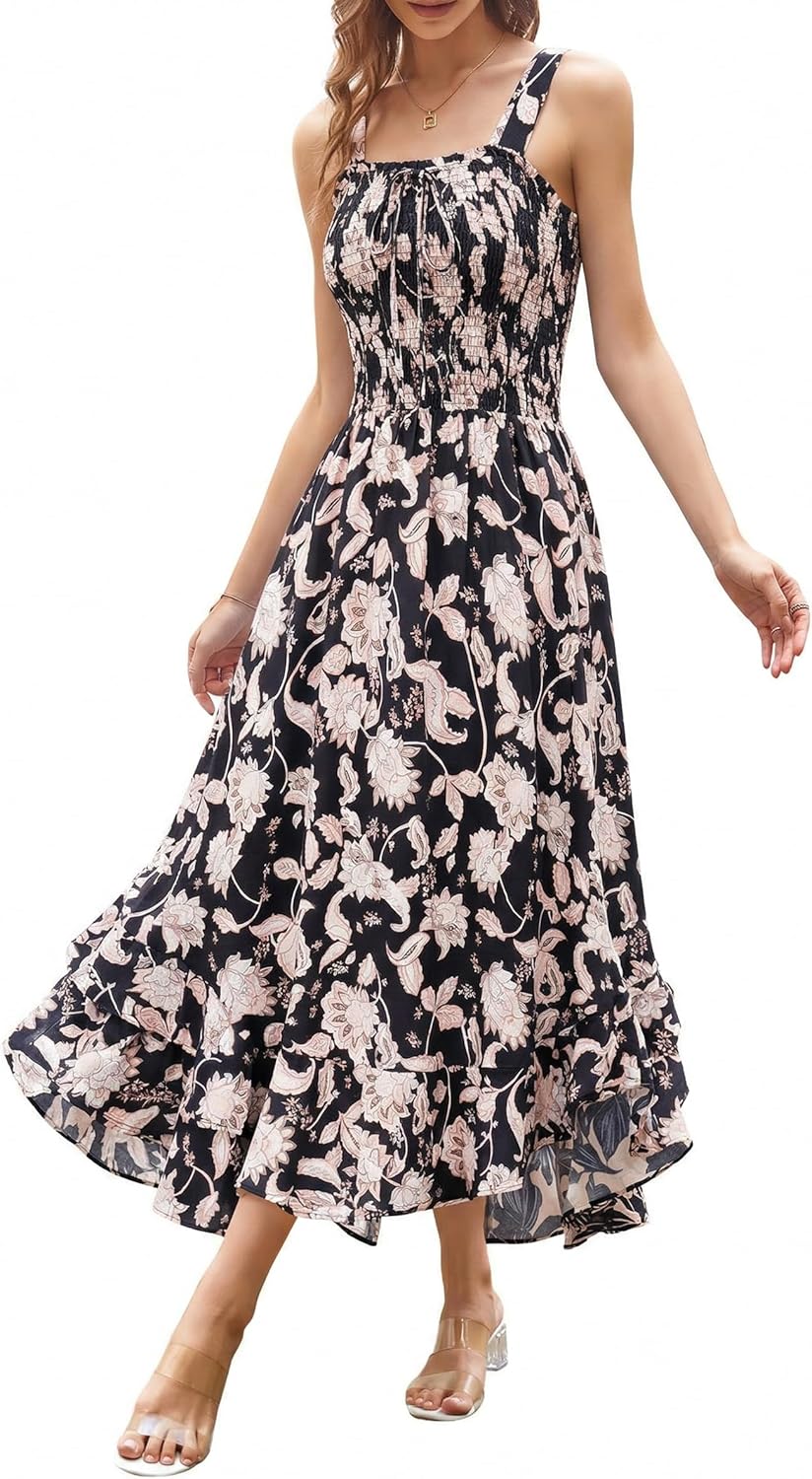 GRACE KARIN Women's 2026 Summer Floral Boho Dress Square Neck Strapped Swing A Line Sundress Beach Long Maxi Outfits