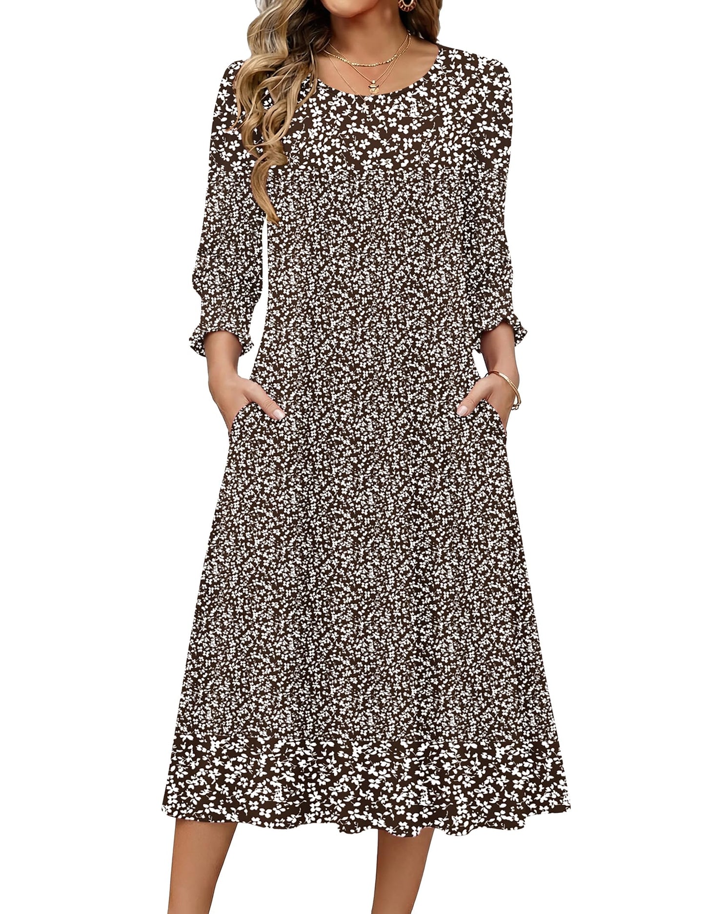 Zeagoo Summer Dresses for Women 2026 3/4 Sleeve Dress for Women Floral Midi Dresses for Casual Womens Dresses with Pockets