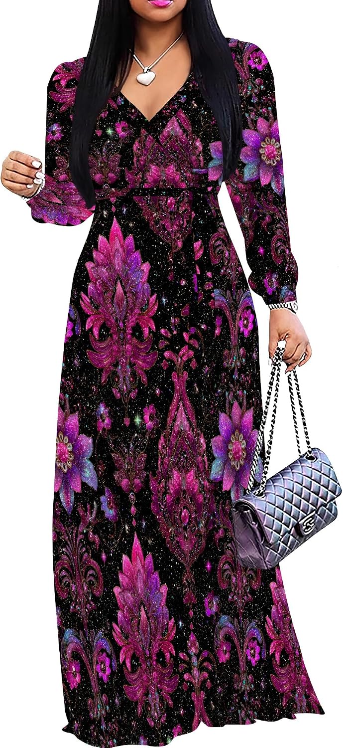SUZONANA Plus Size Dresses for Women Floral Print Maxi Dress Flowy 3/4 Sleeve with Belt