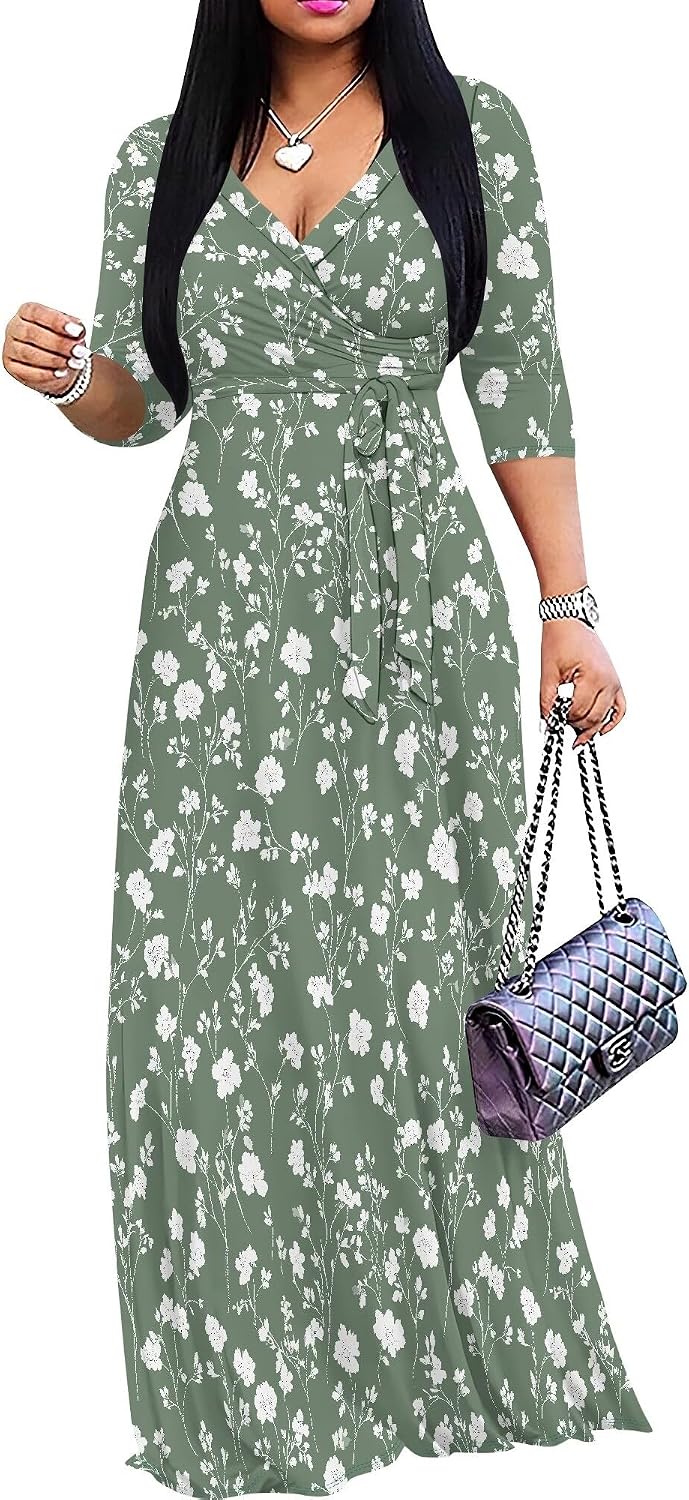 SUZONANA Plus Size Dresses for Women Floral Print Maxi Dress Flowy 3/4 Sleeve with Belt