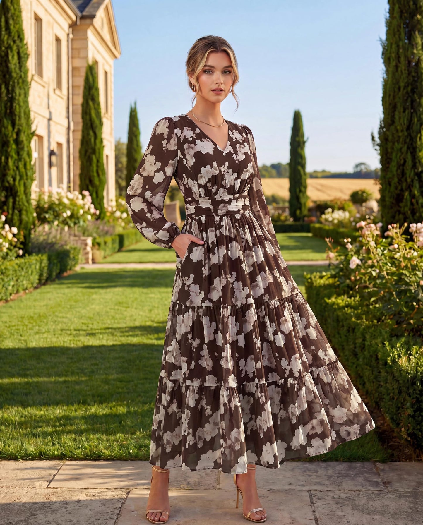GRACE KARIN Women Floral Maxi Dress Fall Long Sleeve Wedding Guest Dresses