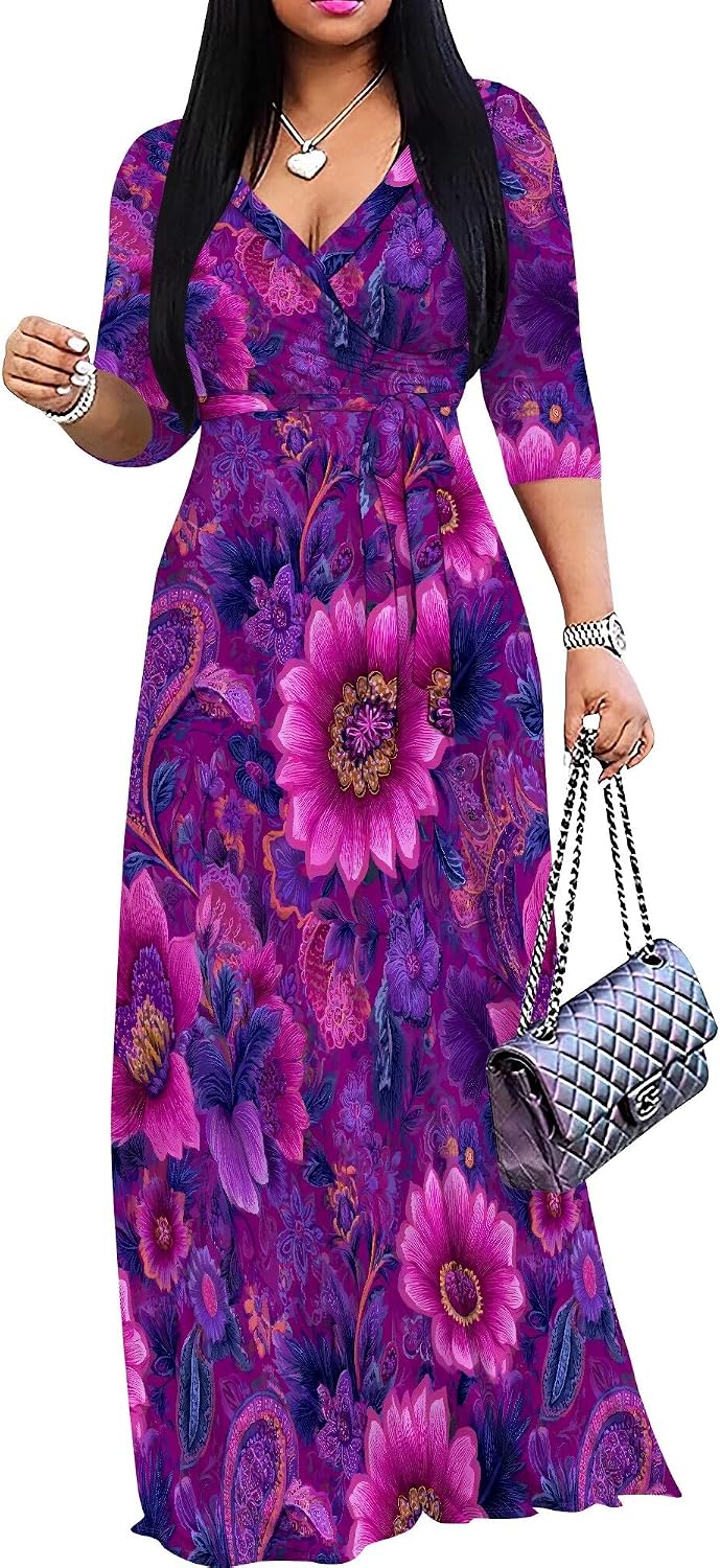 SUZONANA Plus Size Dresses for Women Floral Print Maxi Dress Flowy 3/4 Sleeve with Belt