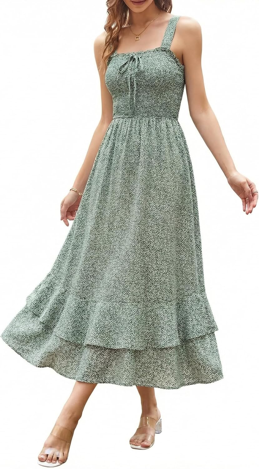 GRACE KARIN Women's 2026 Summer Floral Boho Dress Square Neck Strapped Swing A Line Sundress Beach Long Maxi Outfits