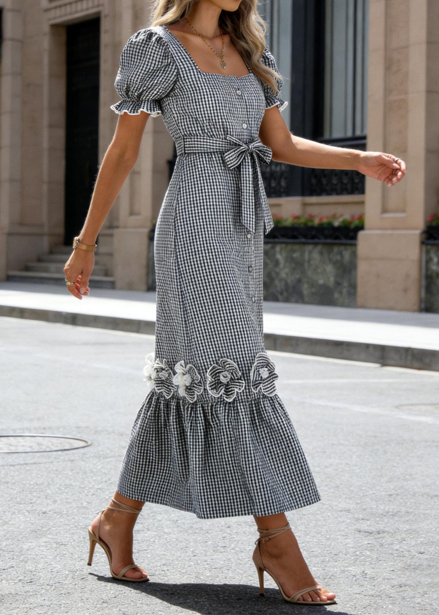 utcoco Dresses for Women Puff Short Sleeve Button Down 3D Flower Ruffle Plaid Maxi Shirt Dress