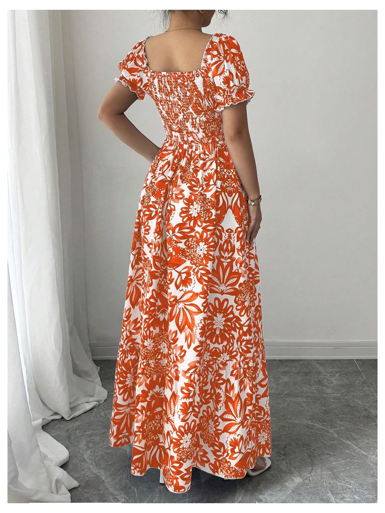 Floerns Women's Floral Short Puff Sleeve Milkmaid Dress Boho A Line Long Dresses