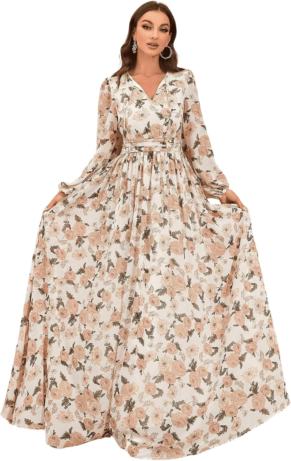 TOLEEN Summer Casual Dresses for Women 2024 Spring Fashion Boho V Neck Long Sleeve Ruffle Floral Print Elegant Maxi Dress