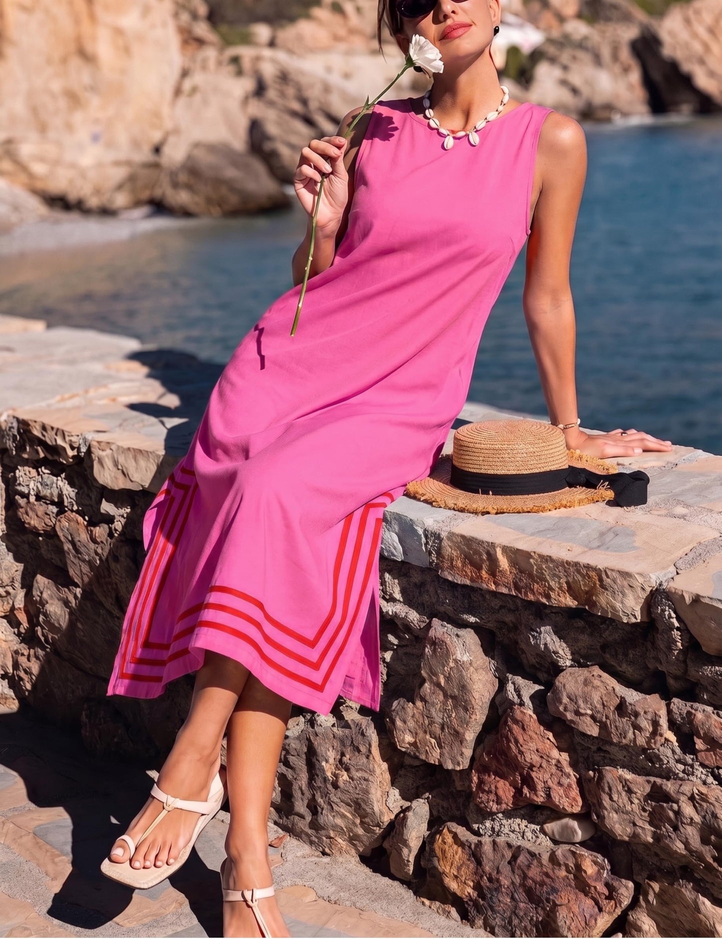 Womens Boho Linen Maxi Dress Sleeveless Split Sundress Color Block A-Line Coverups Beach Vacation Dress with Pockets