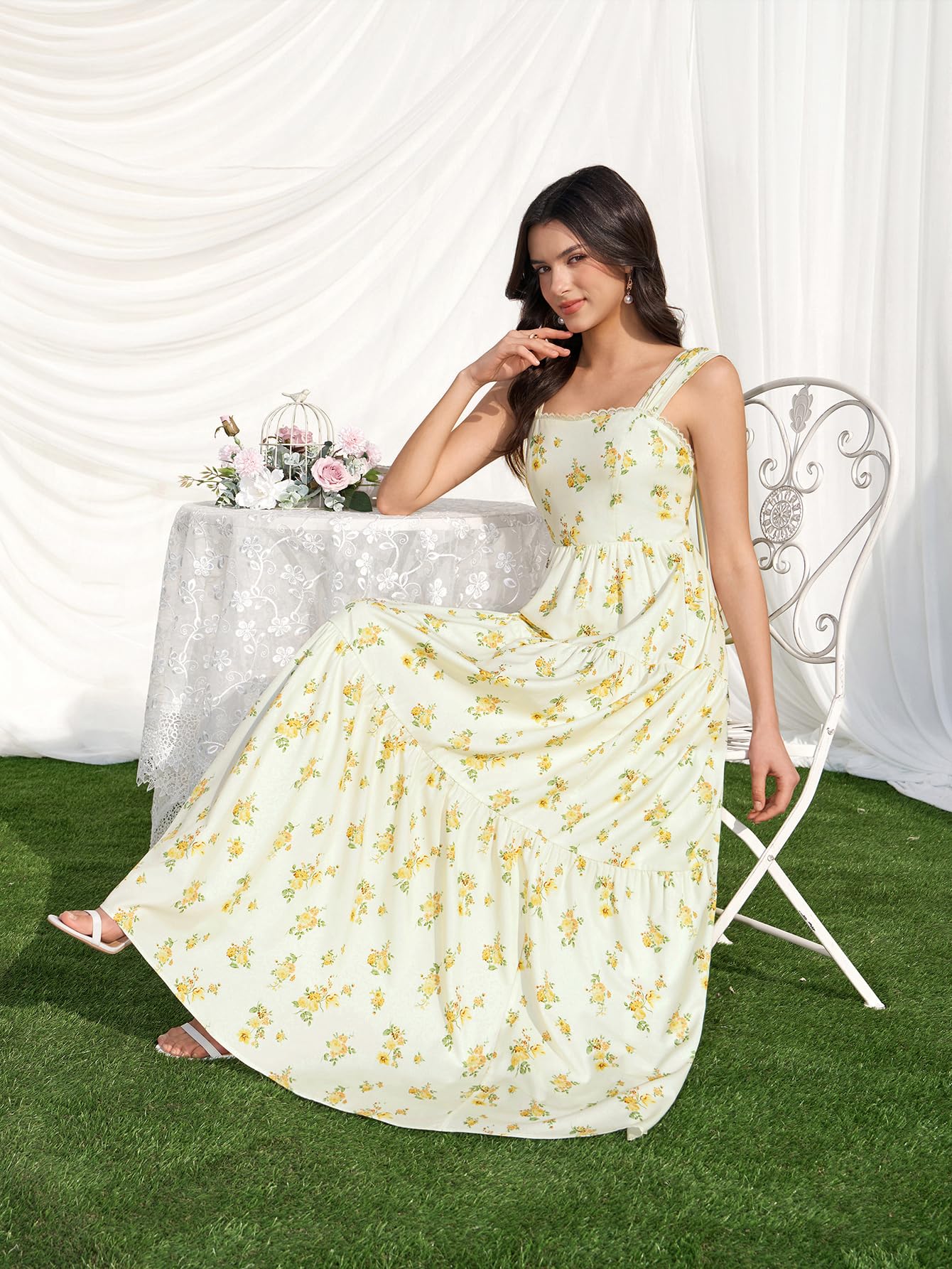 KUTUMAI Floral Maxi Long Dress Lace Up Square Neck Flowy Summer Wedding Guest Dresses for Women 2026