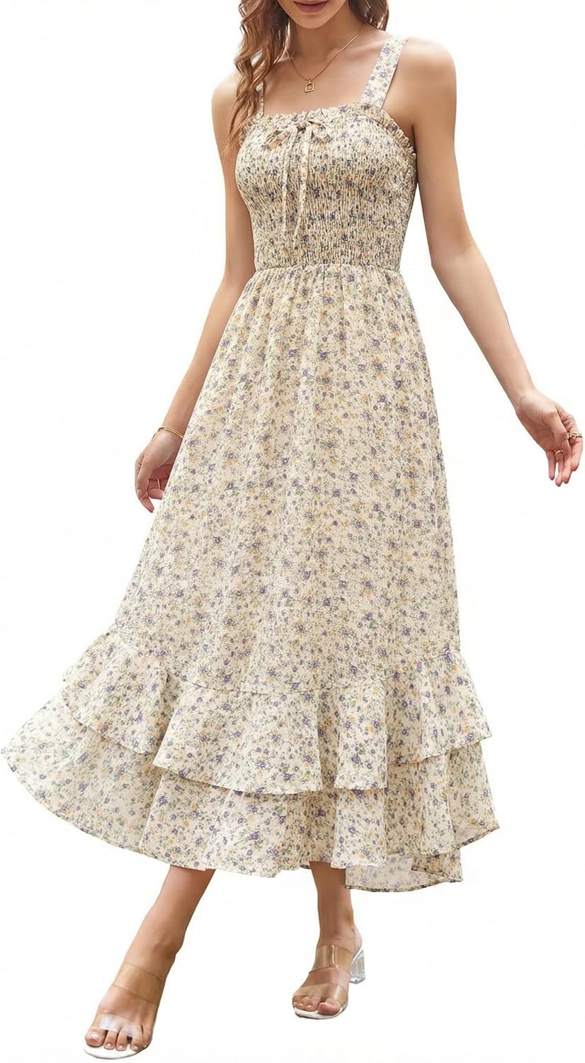 GRACE KARIN Women's 2026 Summer Floral Boho Dress Square Neck Strapped Swing A Line Sundress Beach Long Maxi Outfits