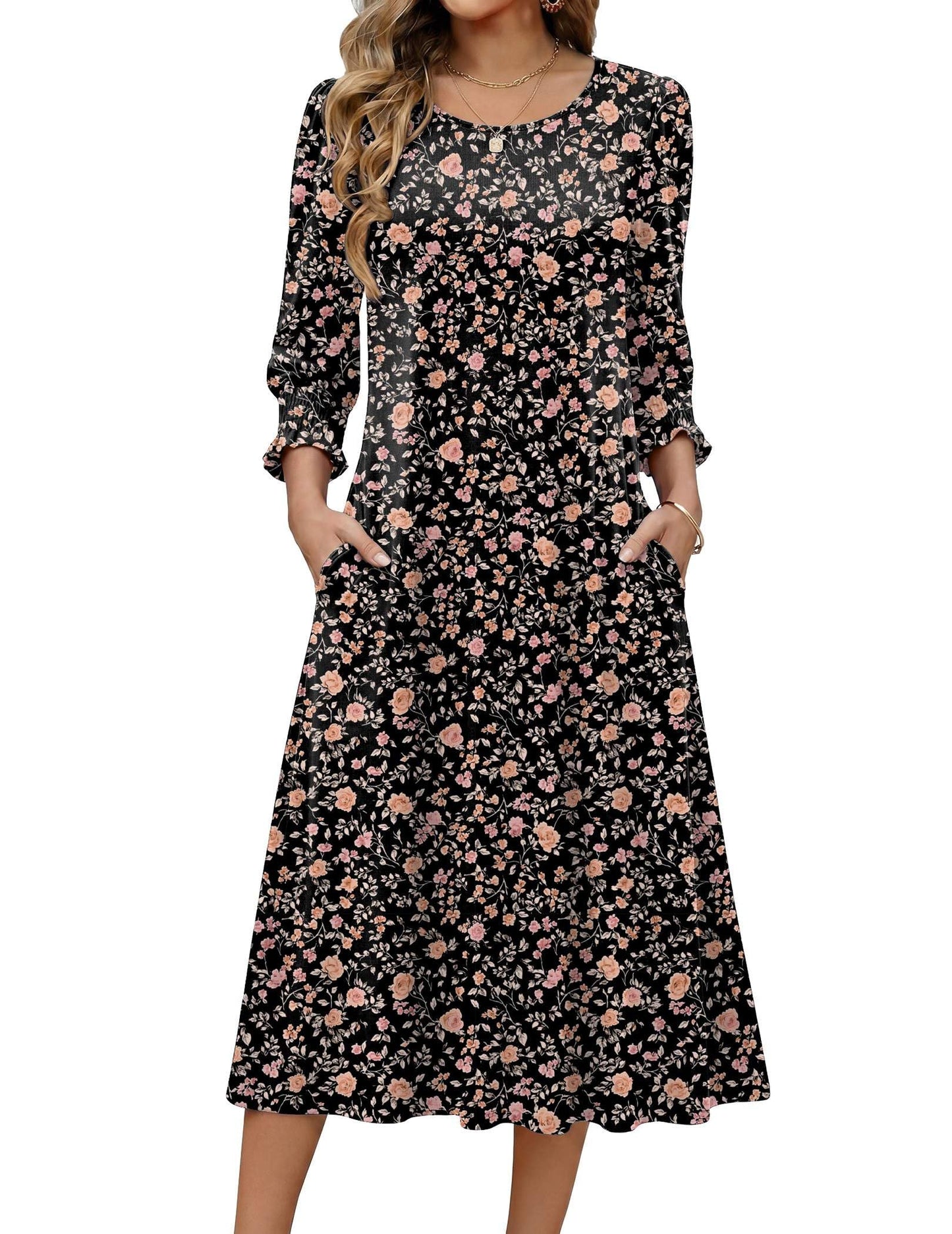 Zeagoo Summer Dresses for Women 2026 3/4 Sleeve Dress for Women Floral Midi Dresses for Casual Womens Dresses with Pockets