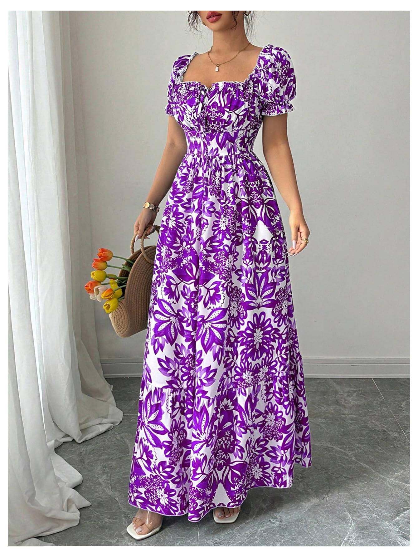 Floerns Women's Floral Short Puff Sleeve Milkmaid Dress Boho A Line Long Dresses