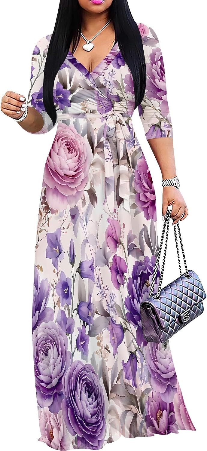 SUZONANA Plus Size Dresses for Women Floral Print Maxi Dress Flowy 3/4 Sleeve with Belt