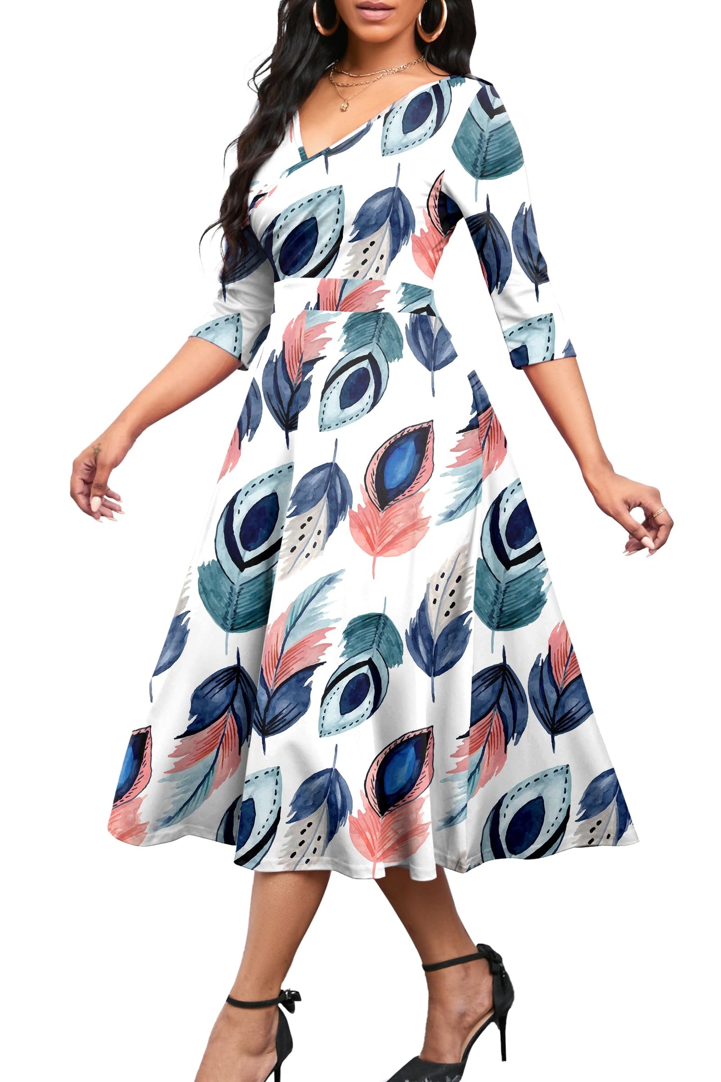 Nmoder Women's Casual Wrap Flared Midi Dress Wedding Guest Cocktail Tea Dresses A-Line Swing V-Neck 3/4 Sleeve