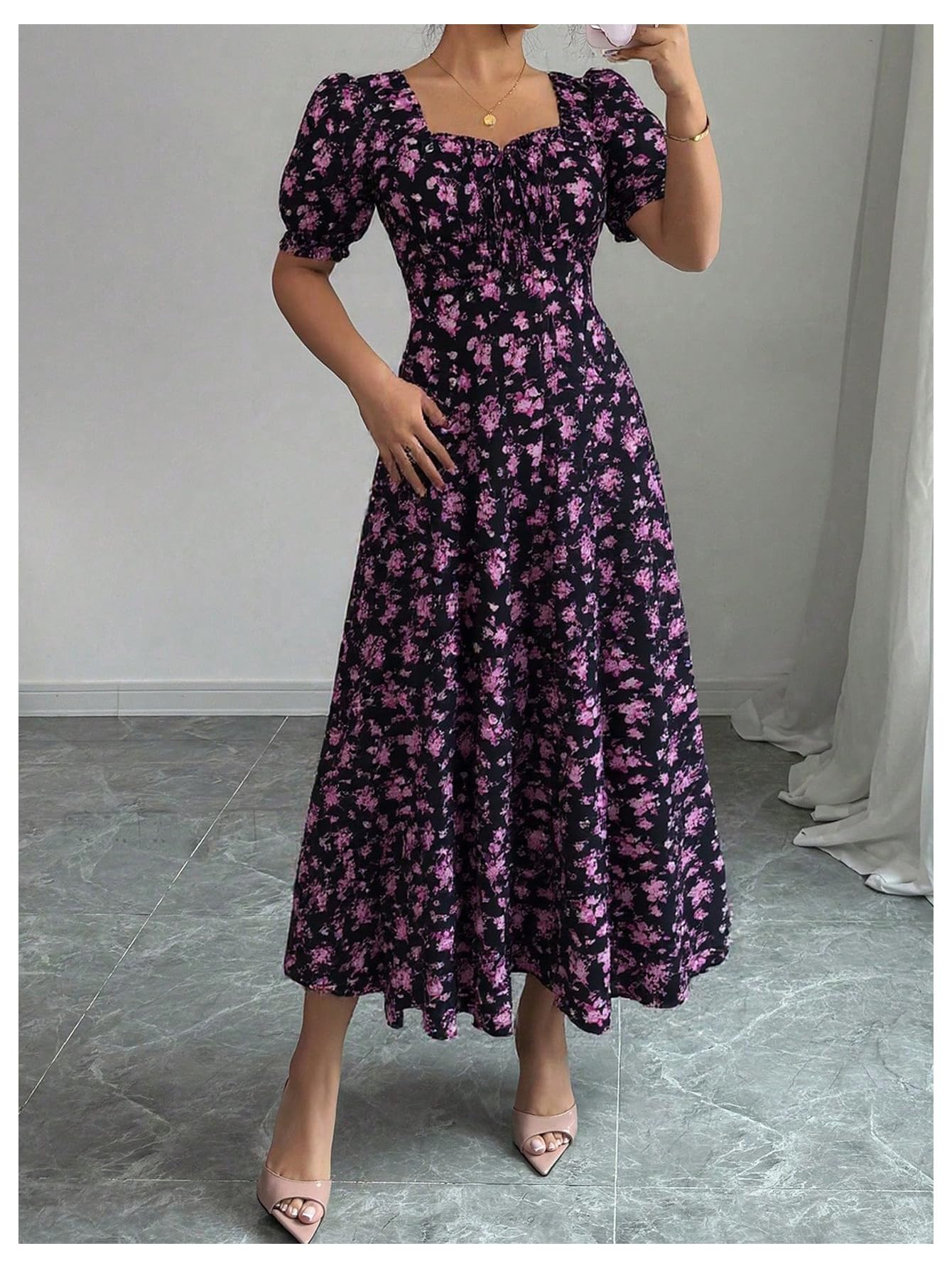 Floerns Women's Floral Short Puff Sleeve Milkmaid Dress Boho A Line Long Dresses