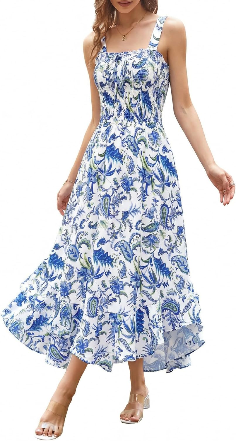 GRACE KARIN Women's 2026 Summer Floral Boho Dress Square Neck Strapped Swing A Line Sundress Beach Long Maxi Outfits