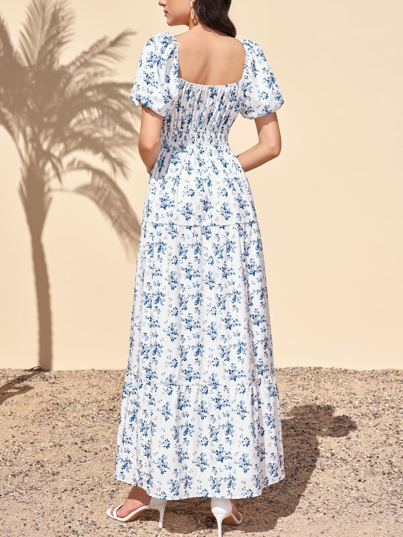 Women Puff Sleeve Wedding Guest Maxi Dress Floral Flowy A Line Tiered Beach Long Dresses
