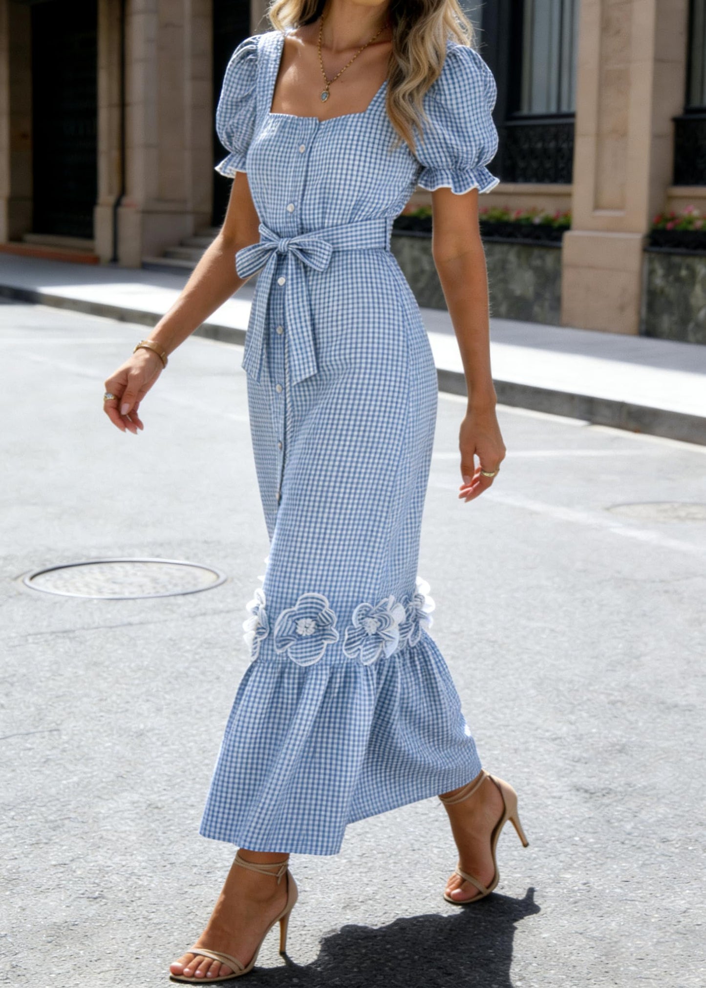 utcoco Dresses for Women Puff Short Sleeve Button Down 3D Flower Ruffle Plaid Maxi Shirt Dress