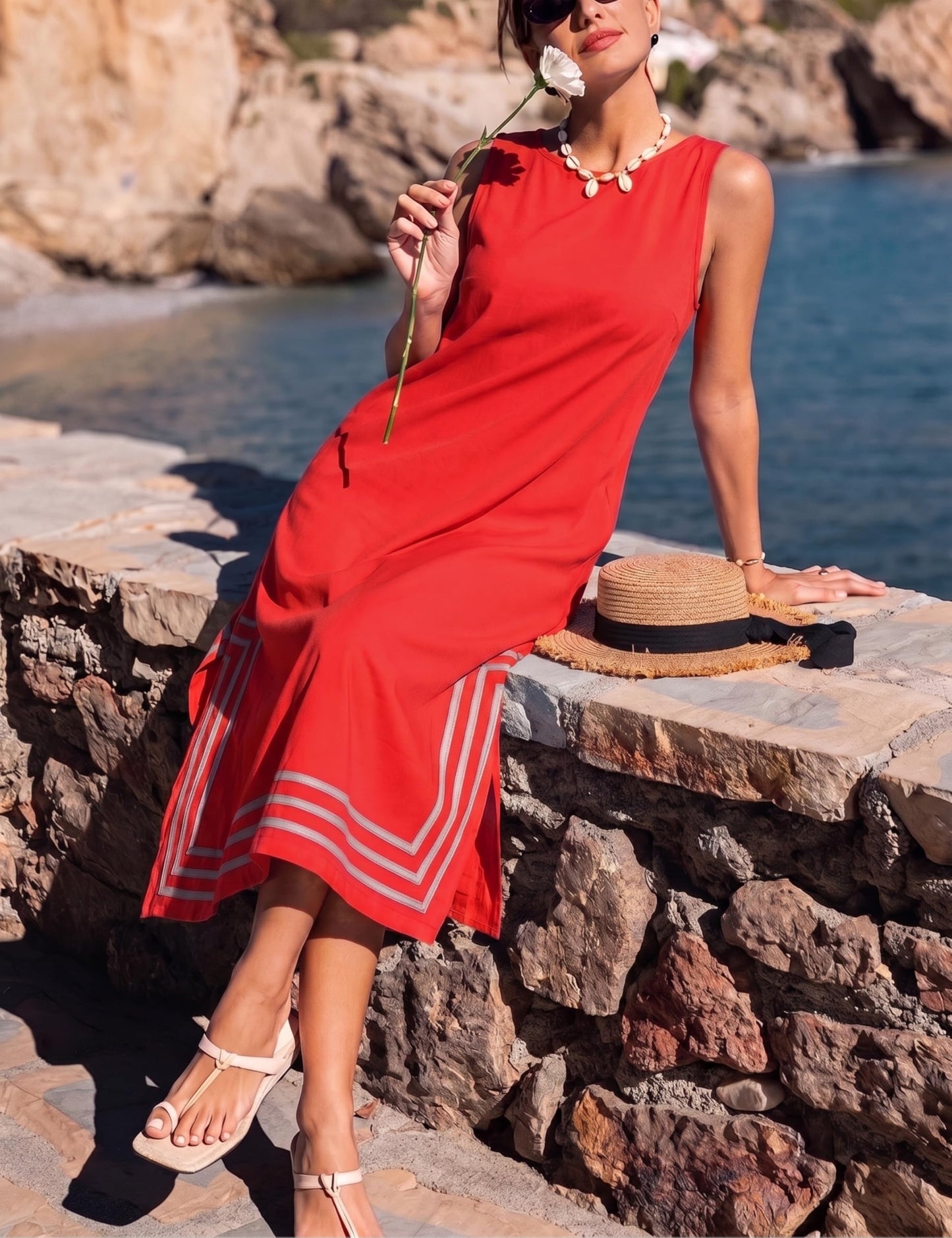 Womens Boho Linen Maxi Dress Sleeveless Split Sundress Color Block A-Line Coverups Beach Vacation Dress with Pockets