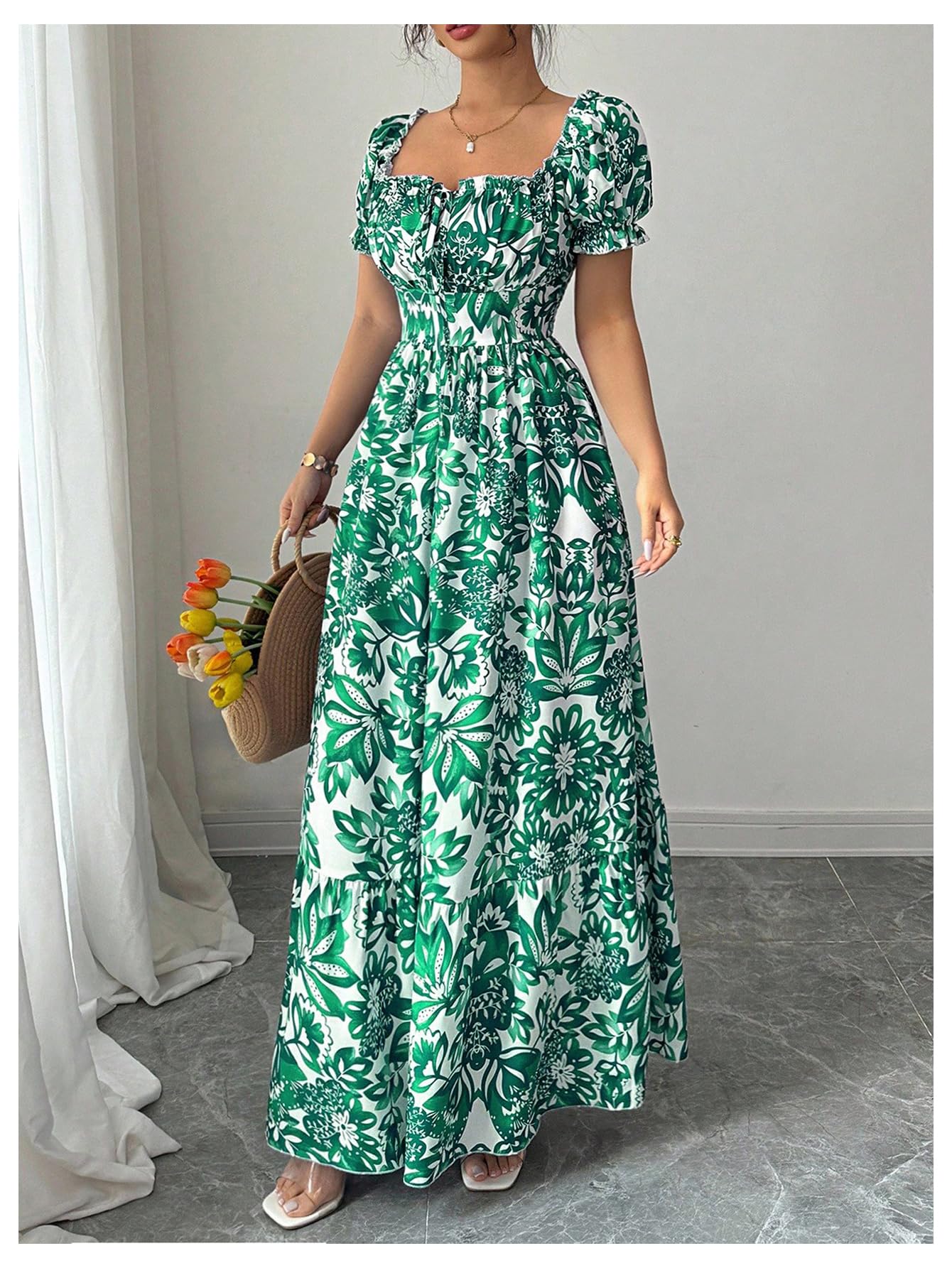 Floerns Women's Floral Short Puff Sleeve Milkmaid Dress Boho A Line Long Dresses