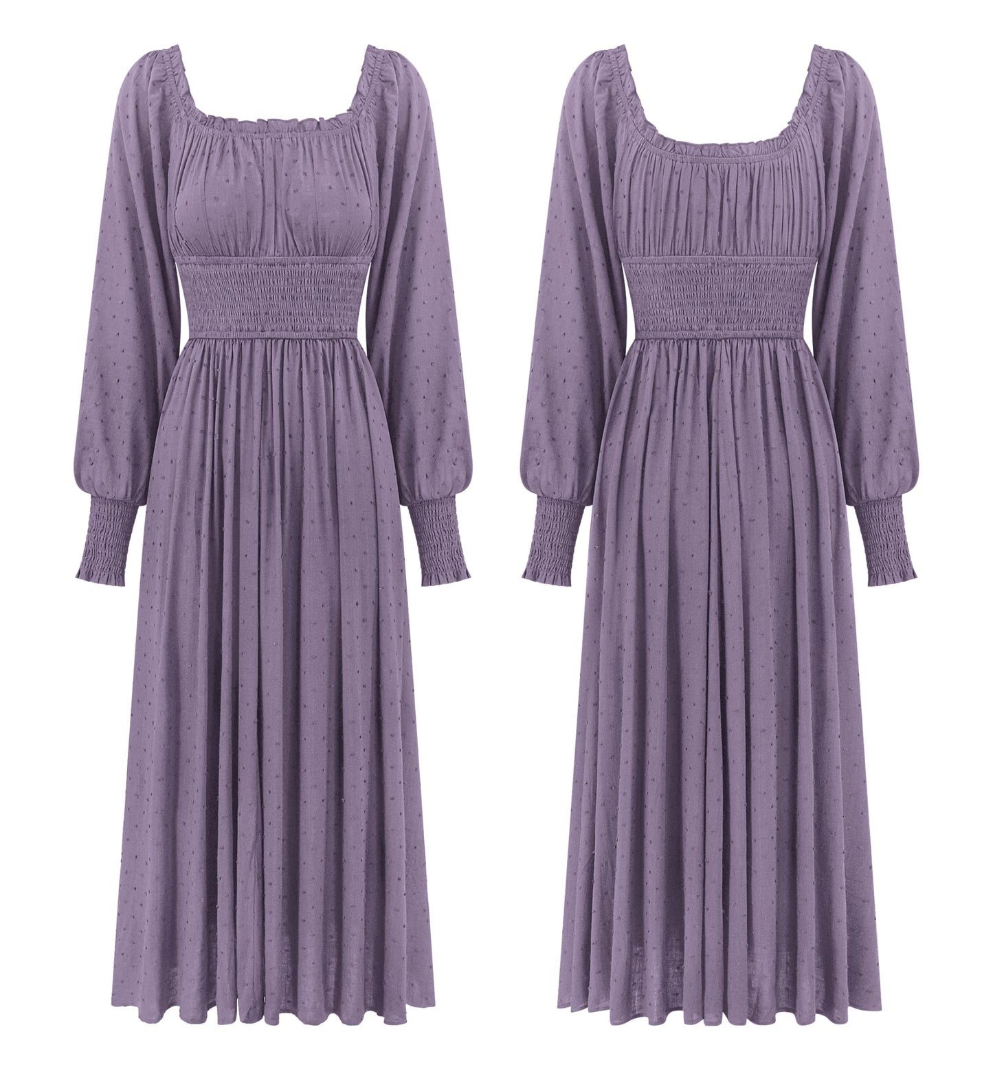 R.Vivimos Women's Puff Long Sleeve Maxi Dress Square Neck Elastic Empire Waist Swiss Dots Casual Flowy A-Line Long Dresses